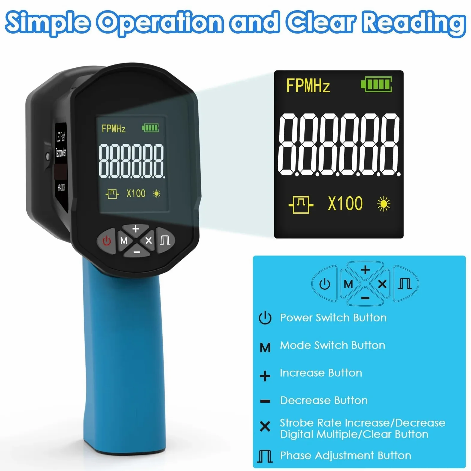 Estroboscopio digital de mano 0.001% Tacómetro con flash LED recargable Tacómetro estroboscópico sin contacto Para motores, tornos.
