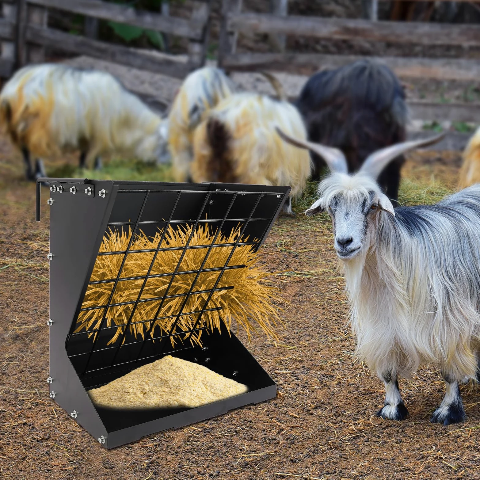 2 en 1 heno y grano/alimentador independiente de cabras comederos de heno para caballos, cabras y heno alimentador adecuado para la alimentación de ovejas, caballos, vacas, etc. (negro)