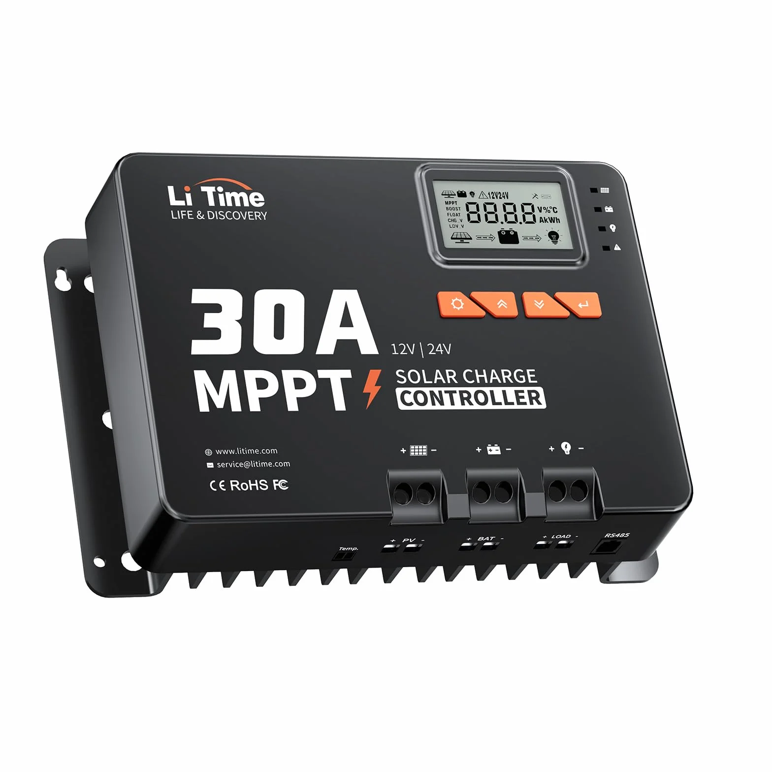 LiTime Regulador de carga solar MPPT de 30 A, 12 V/24 V, con módulo Bluetooth, parámetros de pantalla LCD ajustable, indicadores LED, regulador de panel solar, para batería de litio