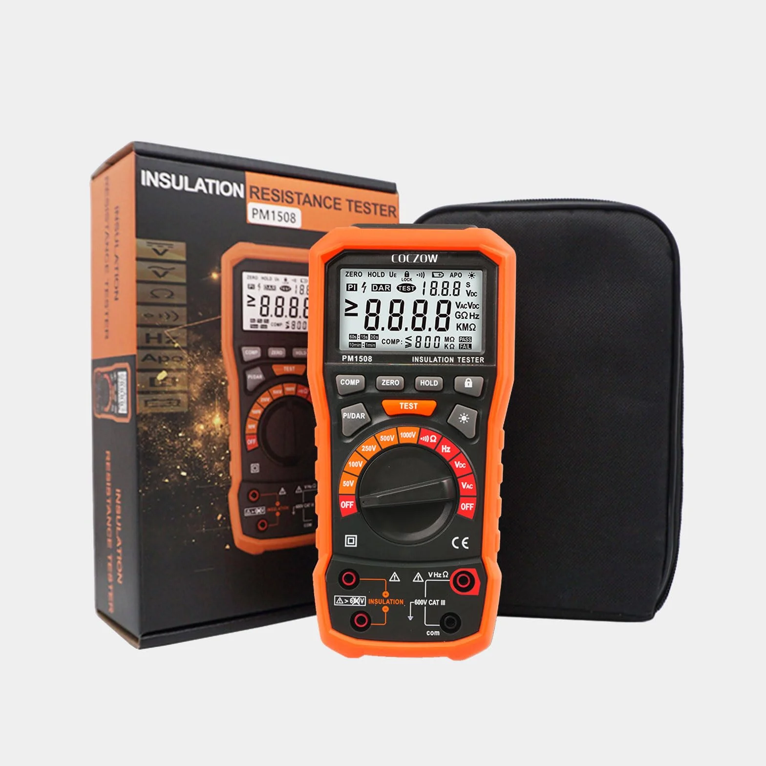 Comprobador Digital de Resistencia de Aislamiento 1000 V CA/CC Para Aparatos Eléctricos, Resistencia de Aislamiento de Hasta 100 GΩ, con PI/DAR, Prueba de Frecuencia y Baja Tensión, con Pantalla LCD