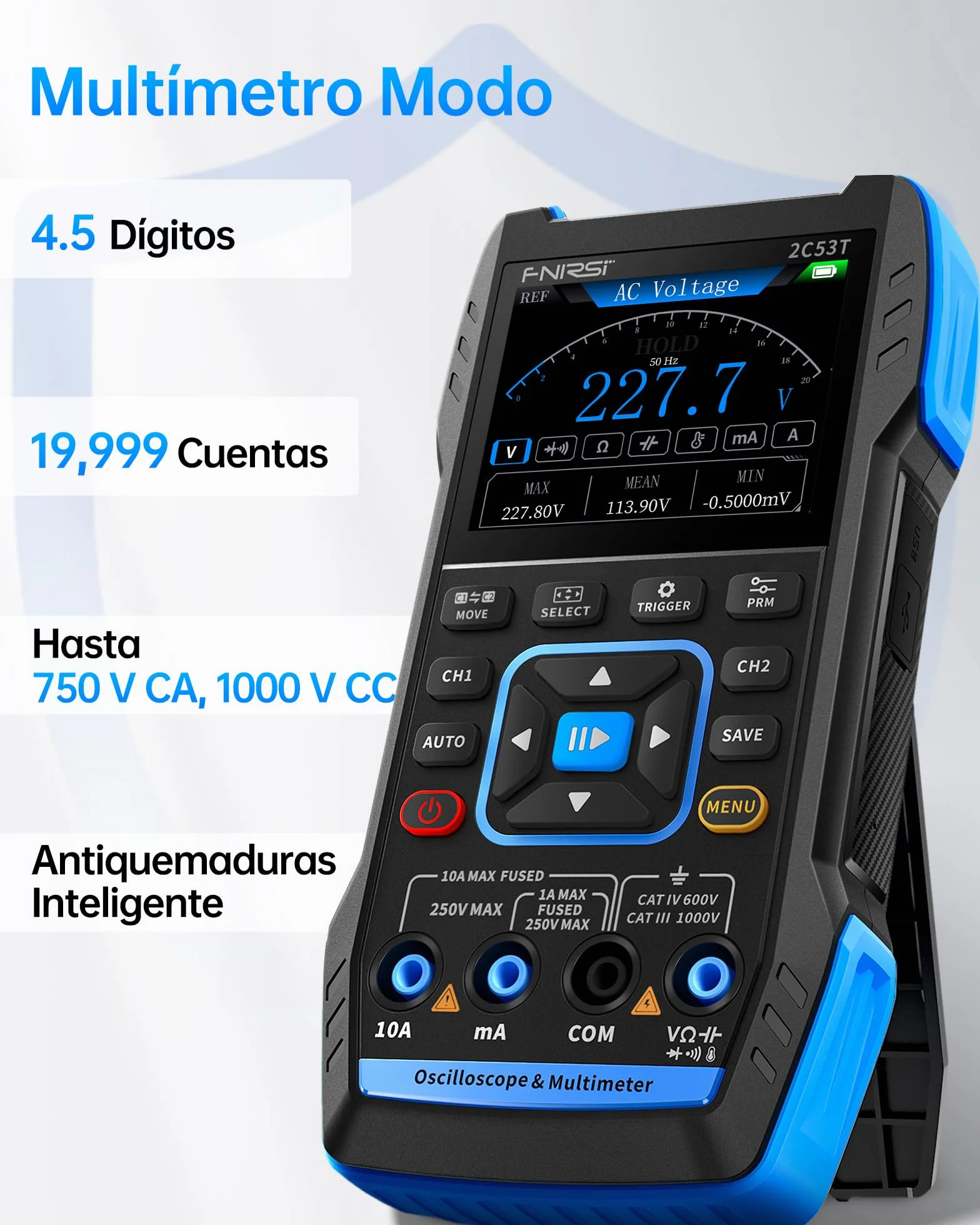 FNIRSI 2C53T Osciloscopio Portátil, Digital Osciloscopio/Multímetro/Generador de Señales DDS 3 En 1, Frecuencia de Muestreo de 50MHz 250MS/s, 19999 Recuentos, Voltaje, Corriente, Condensador