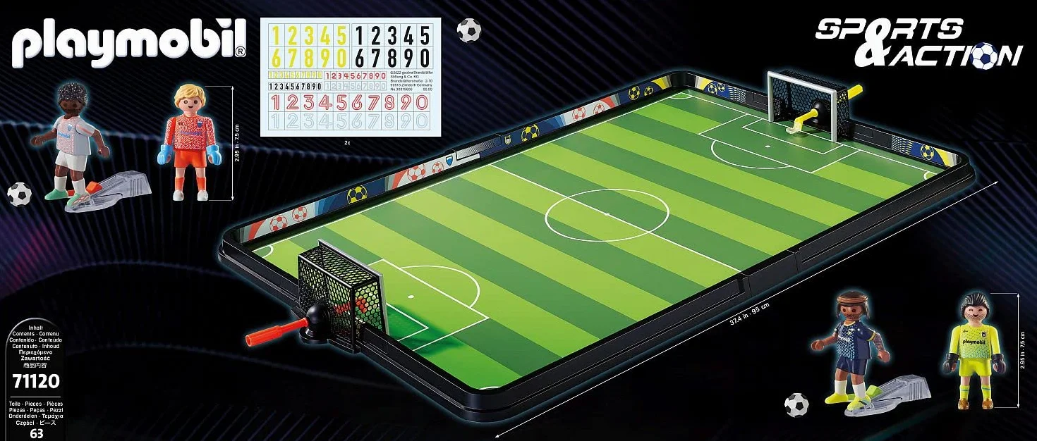 PLAYMOBIL Sports y Action 71120 Campo de fútbol, Futbolín para niños, 2 porteros, 2 futbolistas con función de Patada, 3 balones