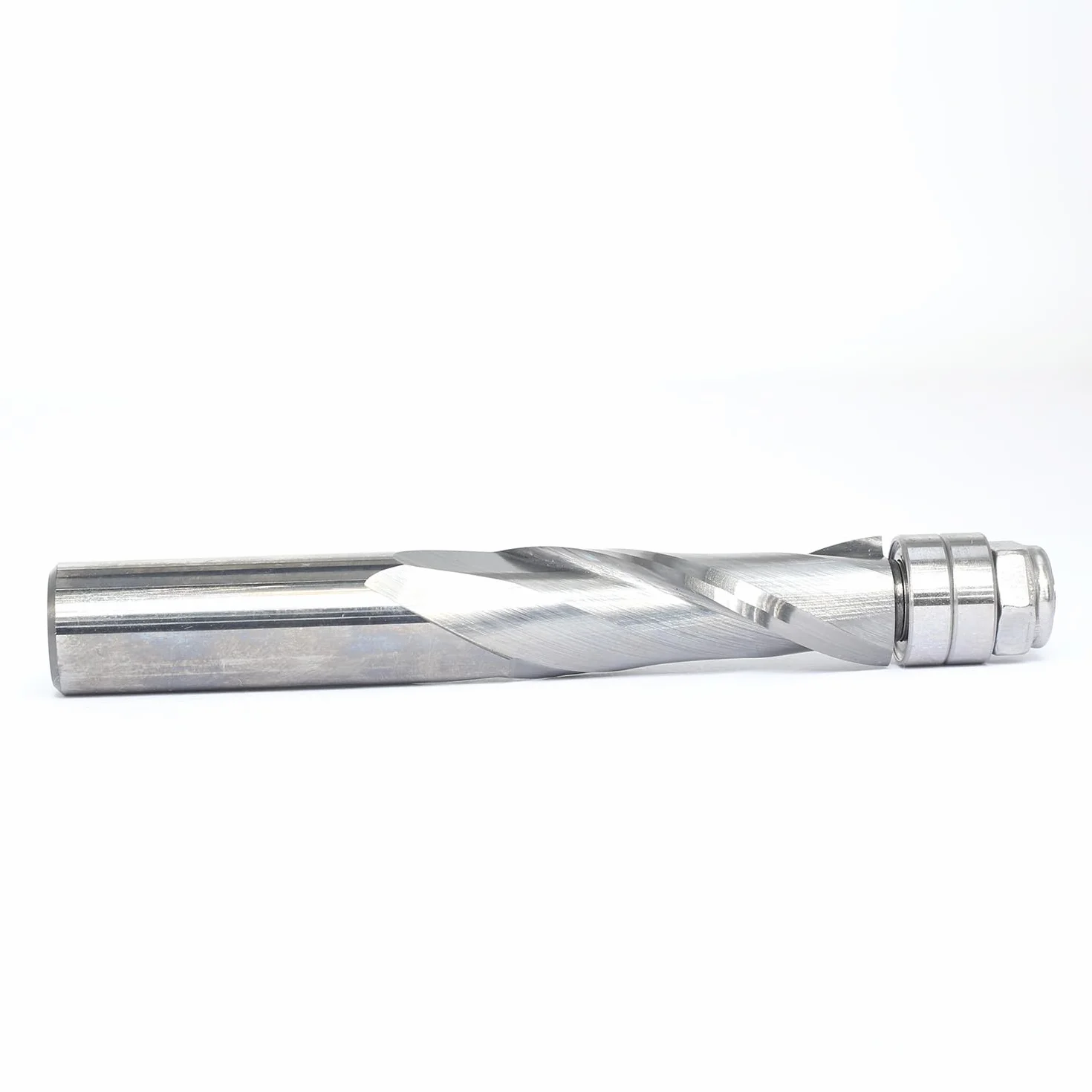 Fresa de enrasado en espiral, fresa en espiral de 12 mm, metal duro completo/VHM CNC Fresa superior con doble rodamiento de bolas, fresa a ras para cortar (Up-Cut 32 mm de longitud de
