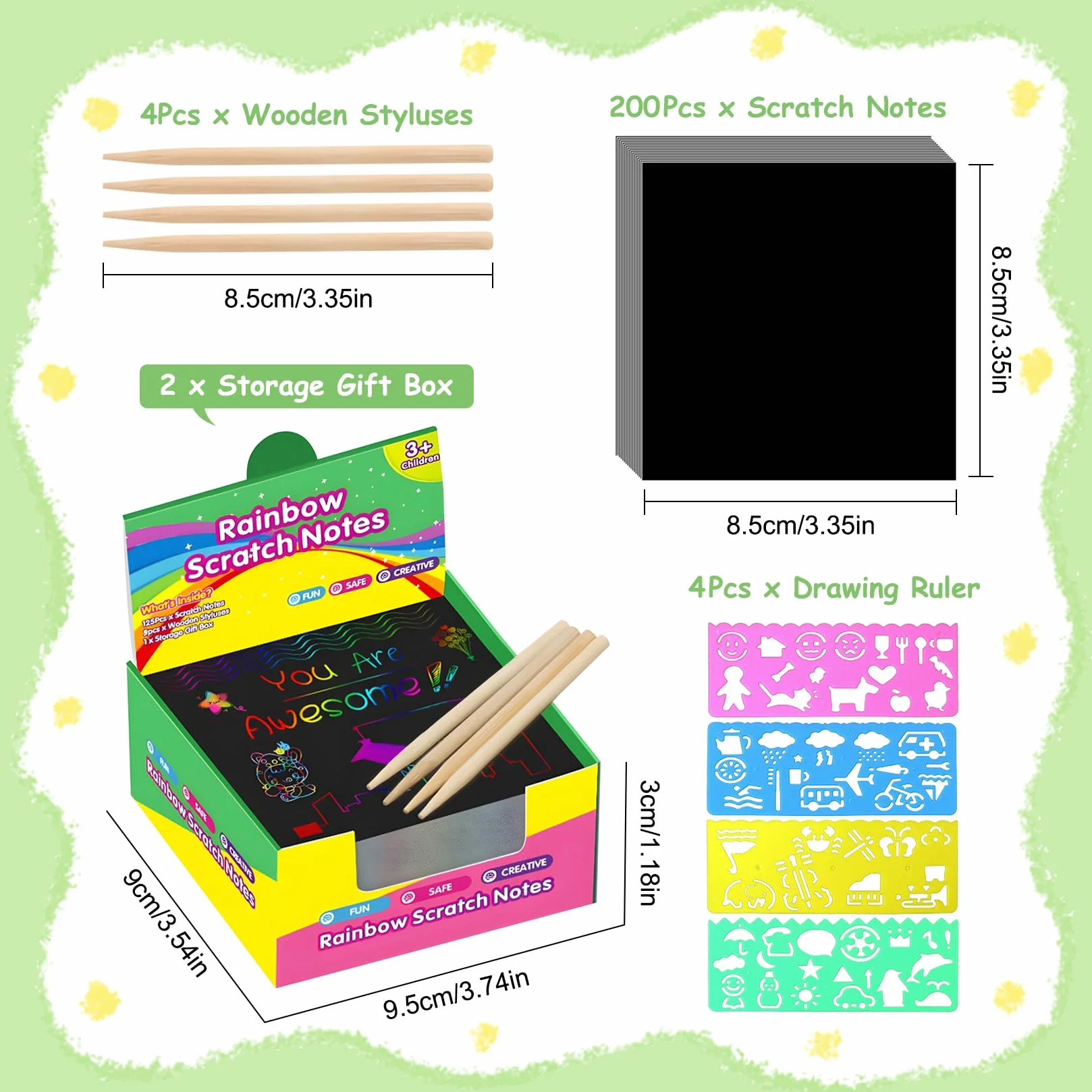 Juego De Dibujos Para Rascar Papel Negro 8,5 Cm Con 4 Bolígrafos Y 4 Plantillas Para Niños