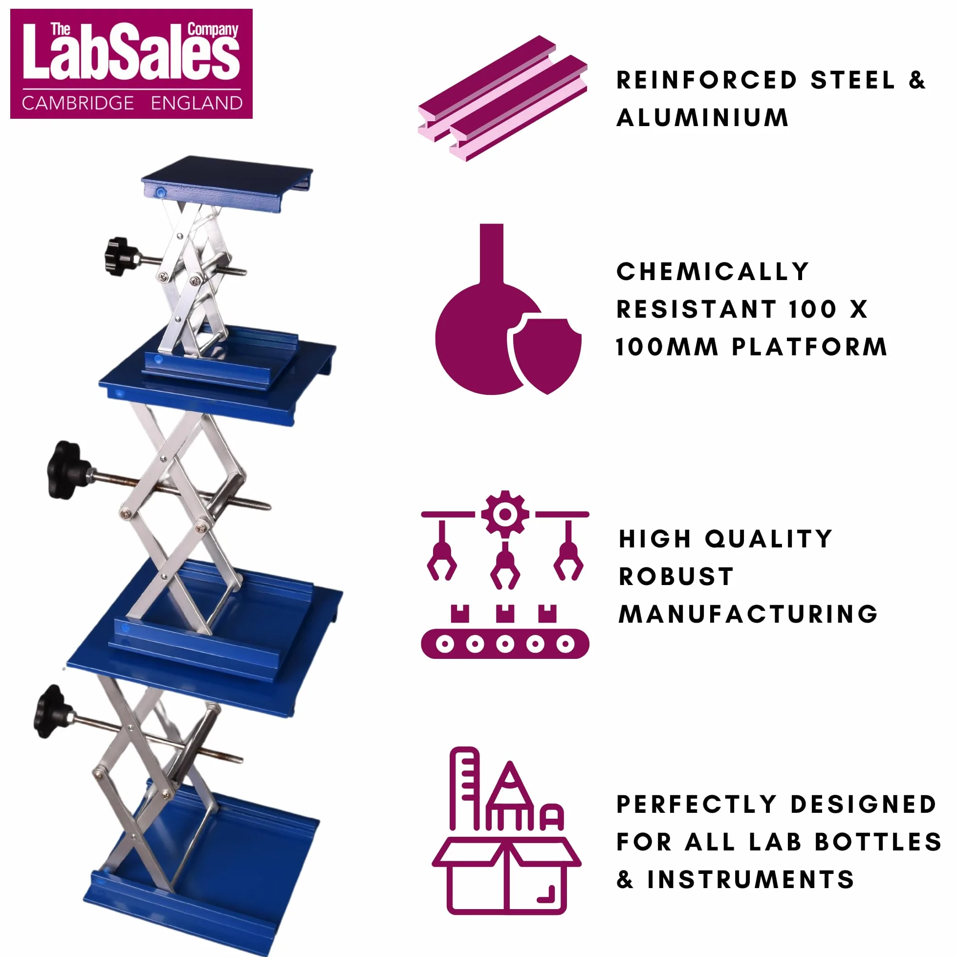 Labsales - Soporte de gato de laboratorio resistente, elevador de tijera de acero inoxidable para instrumentos de laboratorio y botellas de reactivo, perfil bajo, altura ajustable, capacidad de hasta