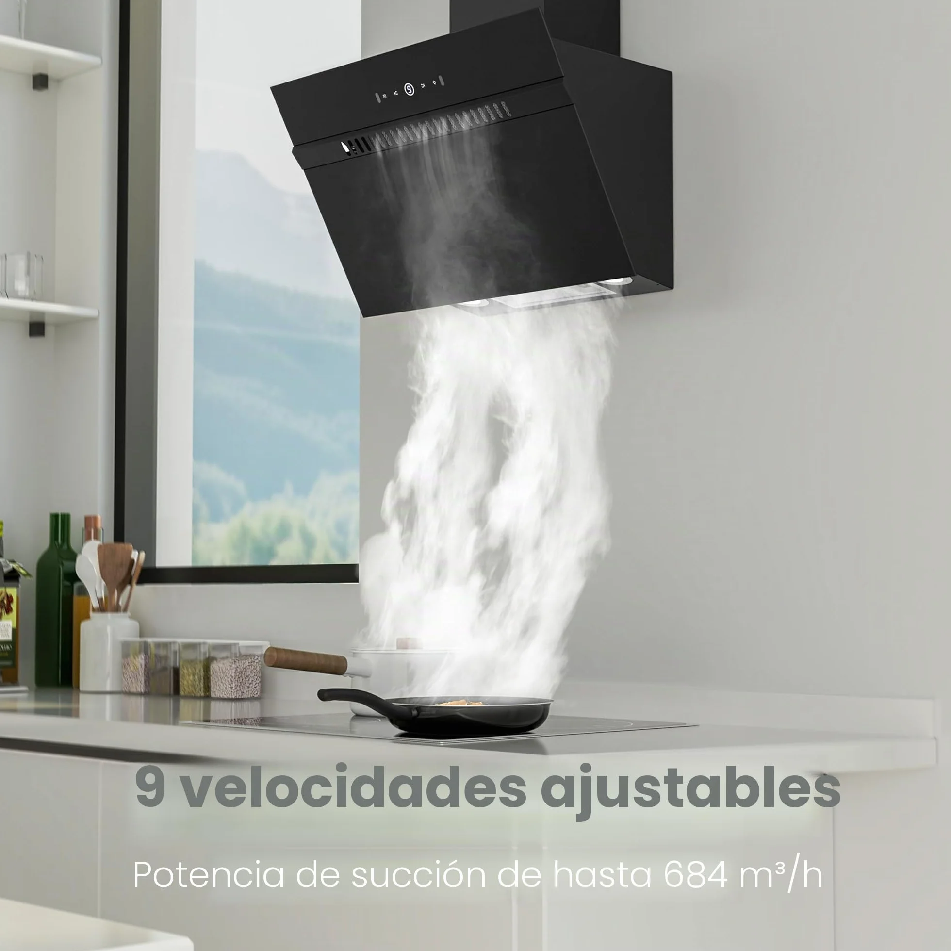 FIREGAS Campana Extractora Inclinada 60 cm Clase A+++ Motor sin Escobillas 684 m³/h Control Táctil y por Gestos 9 Velocidades Negro