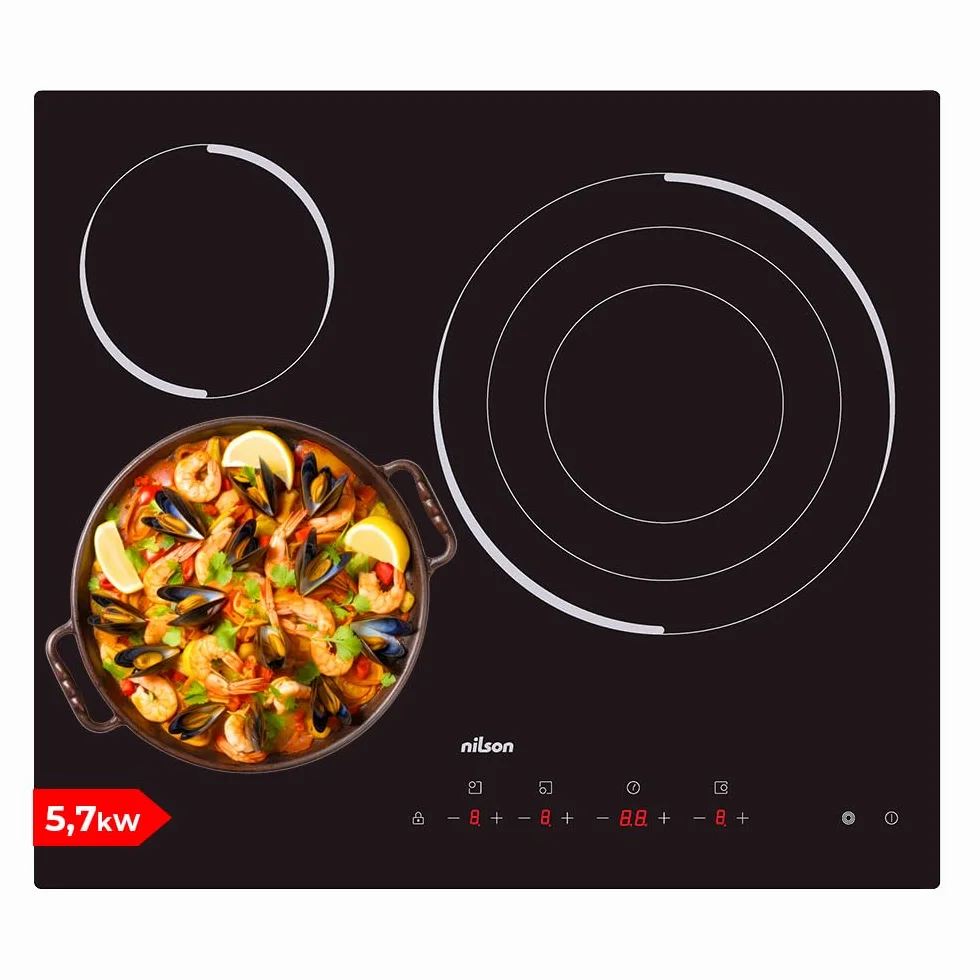 Nilson Placa Vitrocerámica Cristal Negro NV3600 5700W 3 Zonas Cocción 9 Niveles Control Táctil