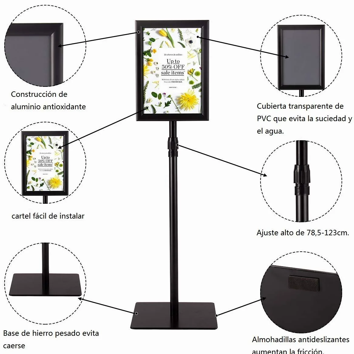 COSTWAY A4 Soporte para Carteles de Metal Póster de Menú Publicidad de Pie Altura Ajustable Giratorio (Negro)