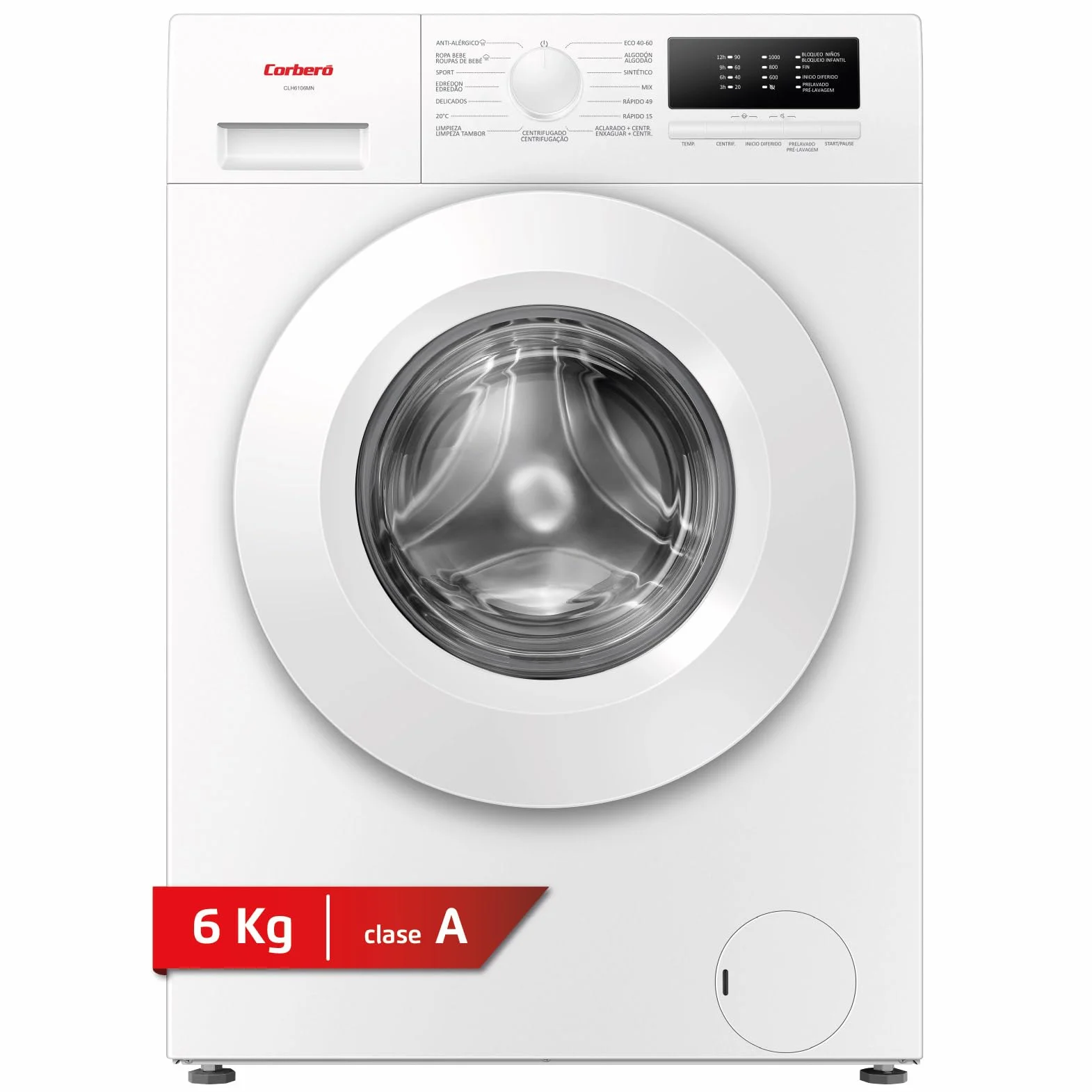 Corberó Lavadora Plus 6 kg 1000 rpm Motor Inverter 15 Programas Función Vapor Blanco