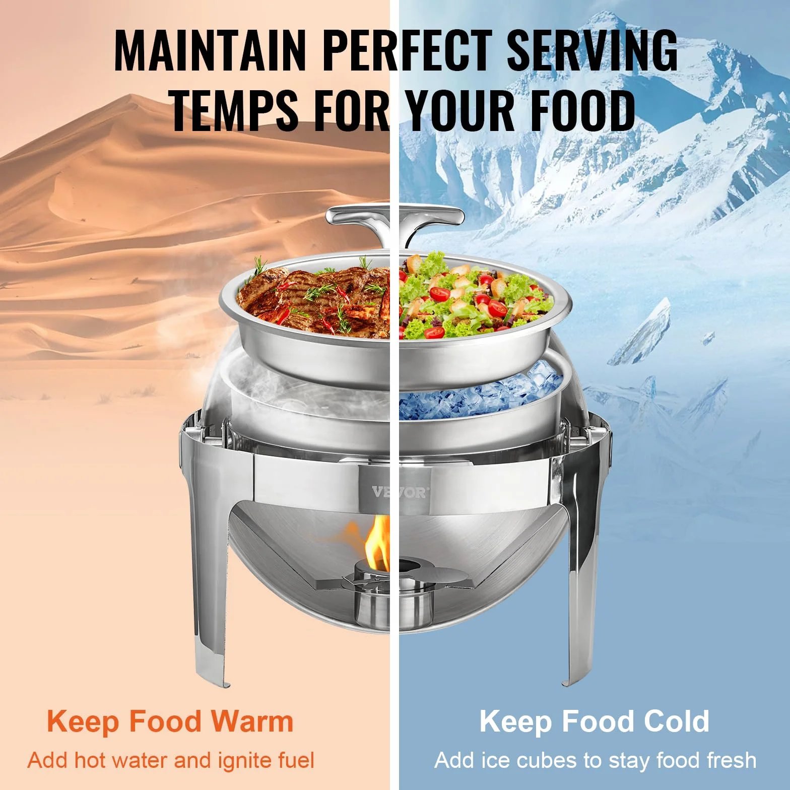 VEVOR Juego de 2 Calientaplatos Redondos 5,5 L Acero Inoxidable para Buffet