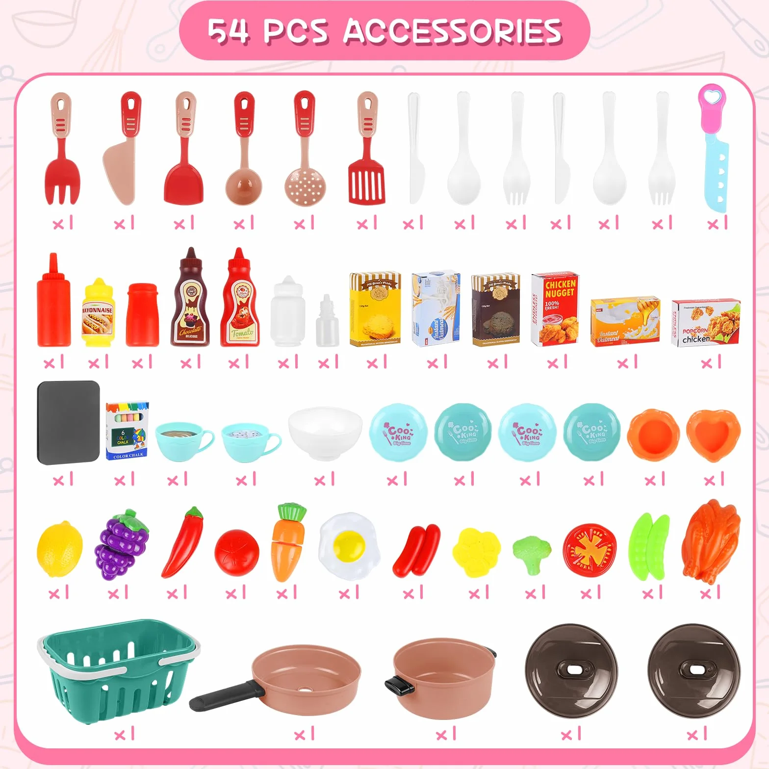 deAO Cocina de Juguete Infantil 54PCS con Utensilios, Estufa, Fregadero, Sonido y Luz, Tres Alturas Ajustables Rosa