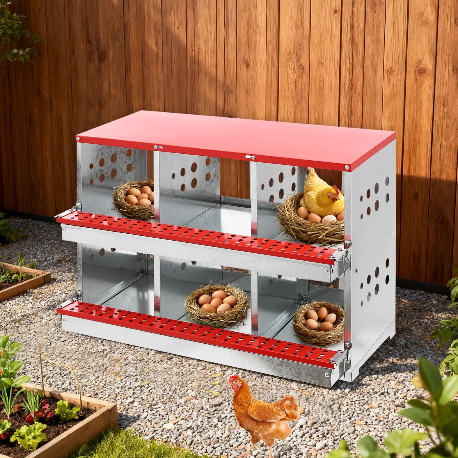 Caja nido de 6 agujeros para pollos, gallinero de metal de dos pisos, nido de pollo con orificios de ventilación para hogares, granjas y criaderos grandes