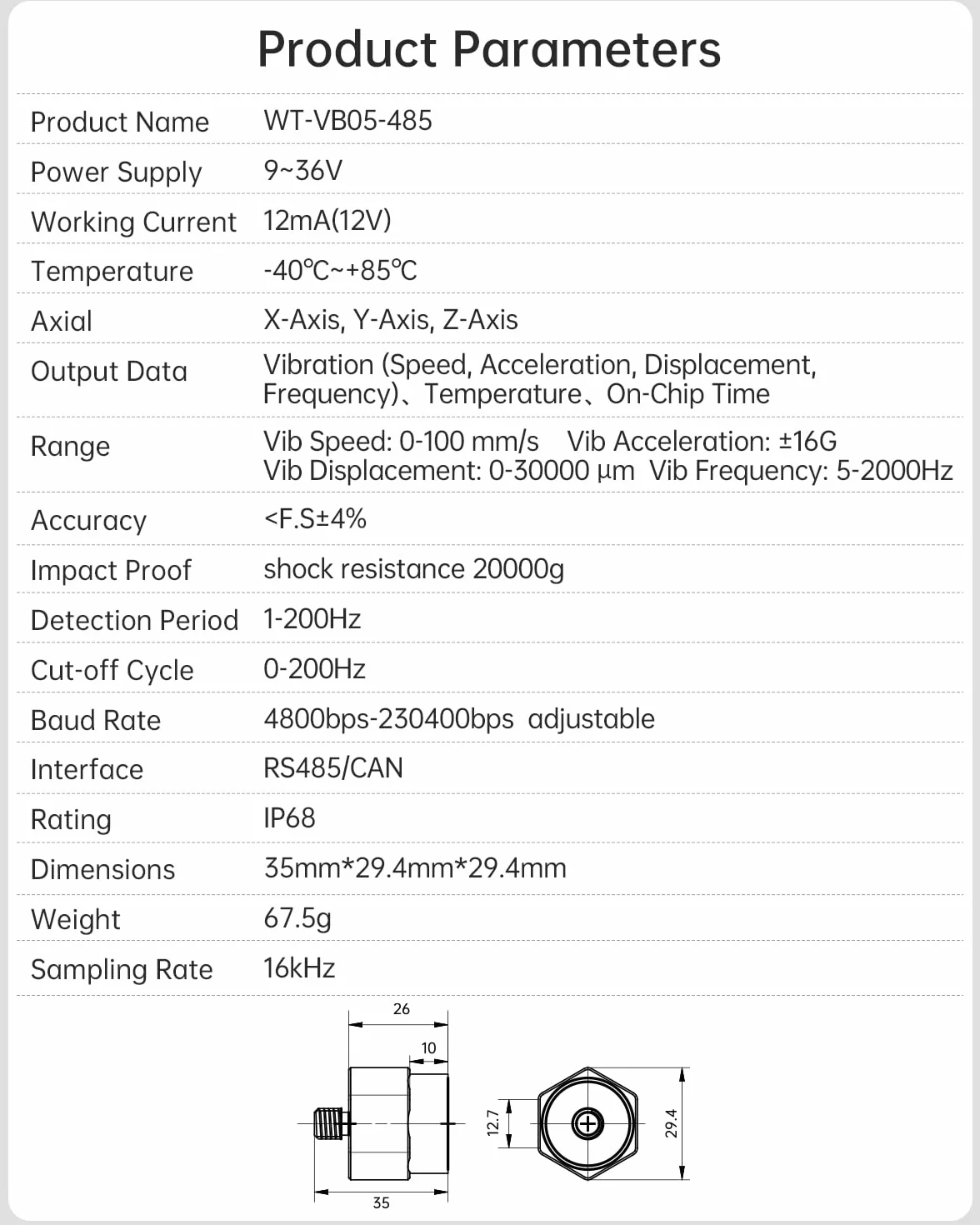[Sensor de vibración Modbus] RS485 WTVB05, transductor impermeable IP68, detector de vibración de 3 ejes (frecuencia, desplazamiento y velocidad), sensor de aceleración, monitor de motor con magnético
