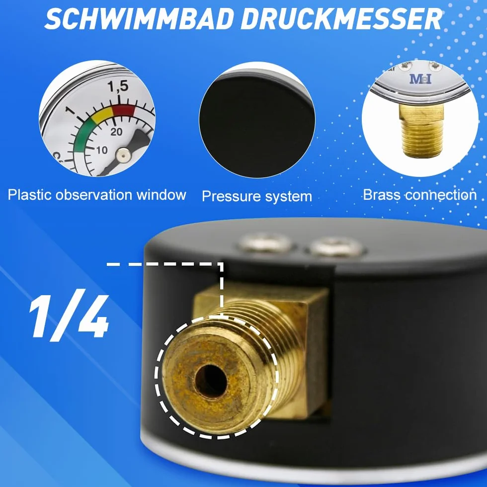 Manómetro de Agua 1/4 BSPT 0-3BAR/PSI Ø50mm para Piscinas Filtros y Bombas