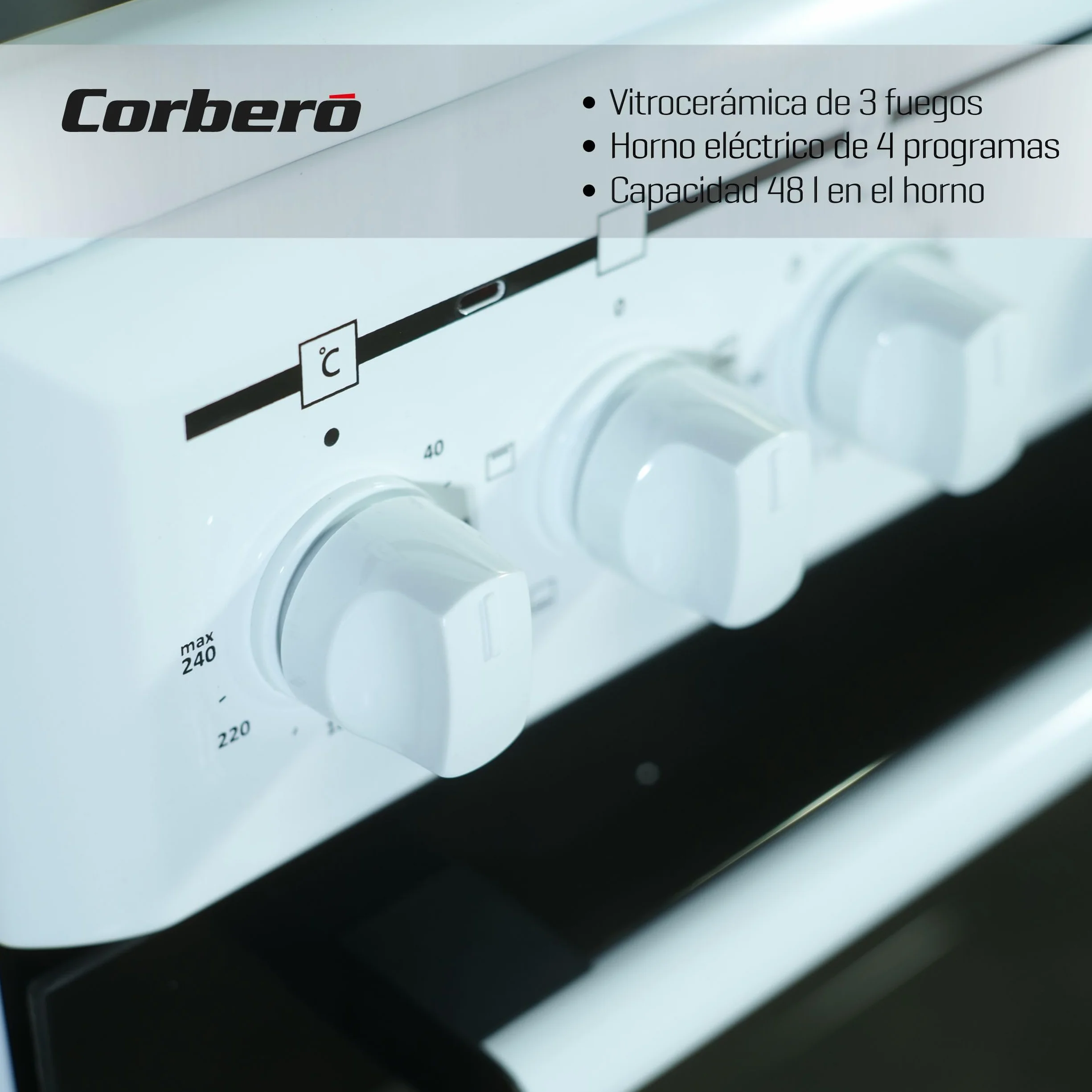 Corberó Cocina Eléctrica Vitrocerámica 3 Fuegos CCSF503VW Horno 48L Doble Puerta Cristal Blanco