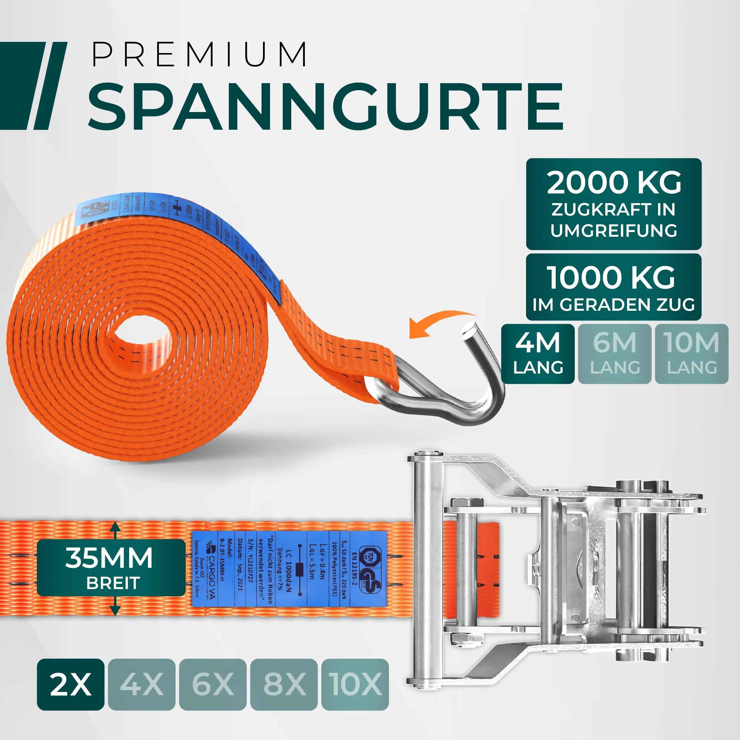 Correas tensoras de carga pesada 2000 kg 4 m 35 mm TÜV/GS DIN EN 12195-2 juego de 2