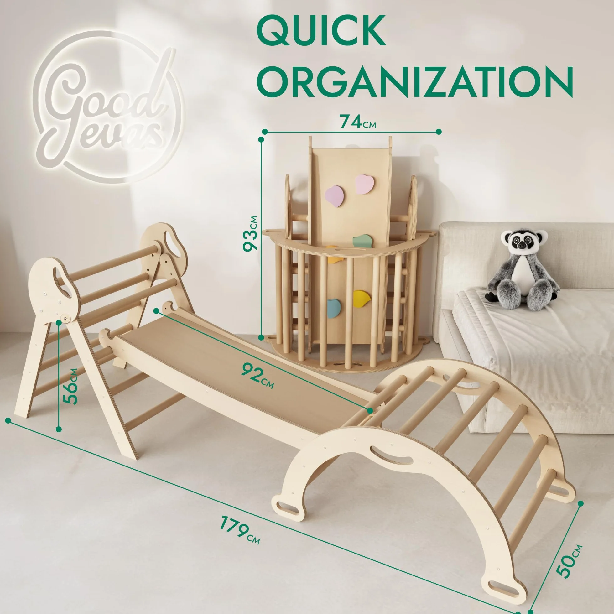Estructura de Escalada 5 en 1 para Niños - Escalera Triángulo, Arco, Balance Board, Cojín, Gimnasio Montessori de Madera 1-3 Años