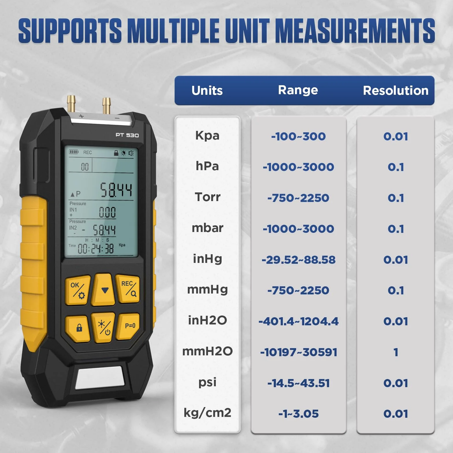 Manómetro de presión de gas PT530 de -100 a 300 KPa, medidor de presión de campo digital, HVAC, 10 unidades, 7 adaptadores, bloqueo y almacenamiento de datos, parte trasera magnética