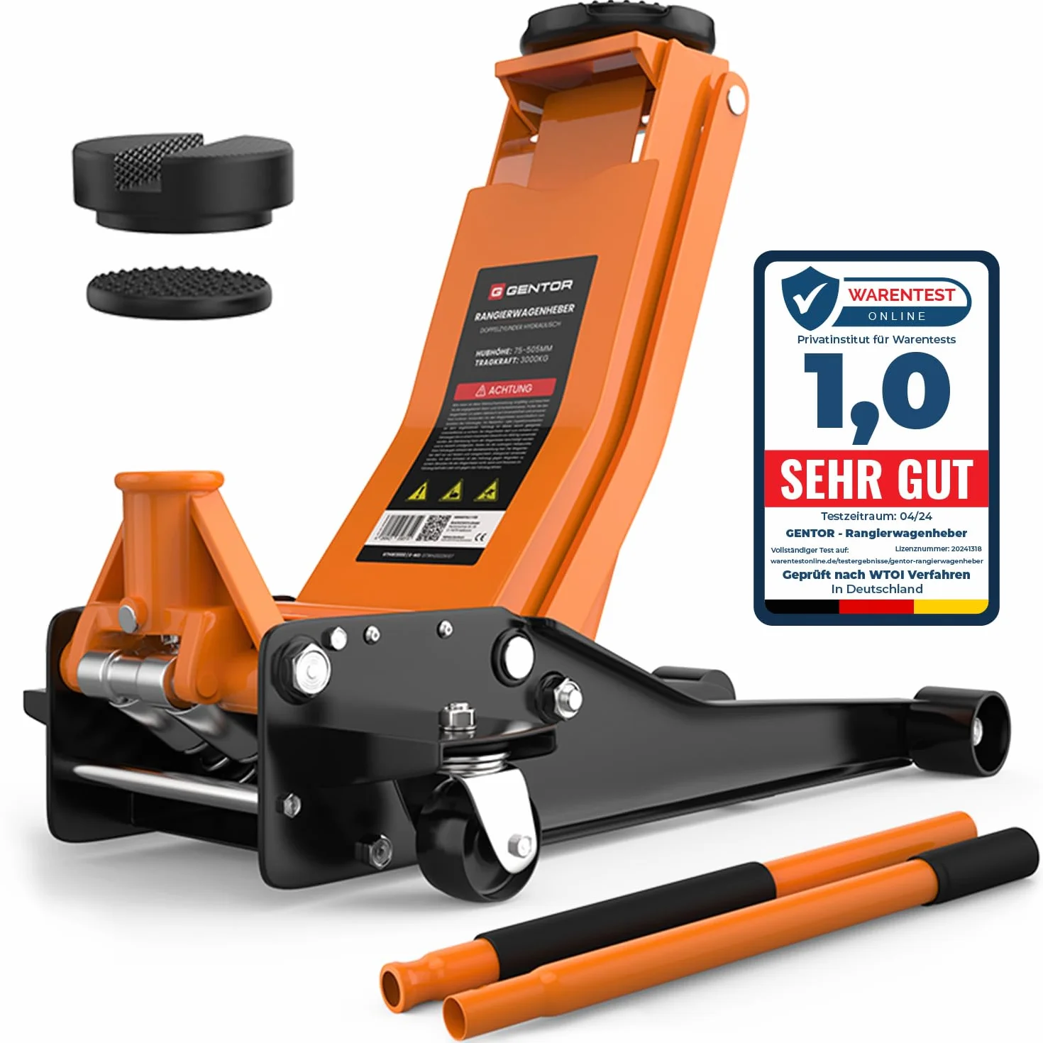 Gato hidráulico 3T de Perfil bajo 75-505mm con 2 Soportes de Goma – Elevador para Coche con Ruedas giratorias 360° – Naranja