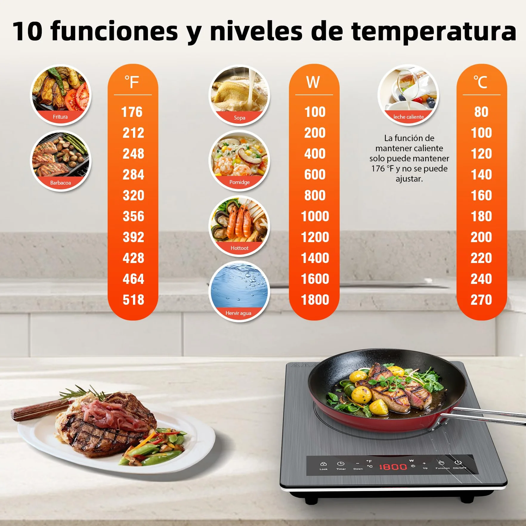 Placa de Inducción Portátil 1800W, 10 Niveles de Calentamiento, Temporizador, Bloqueo para Niños