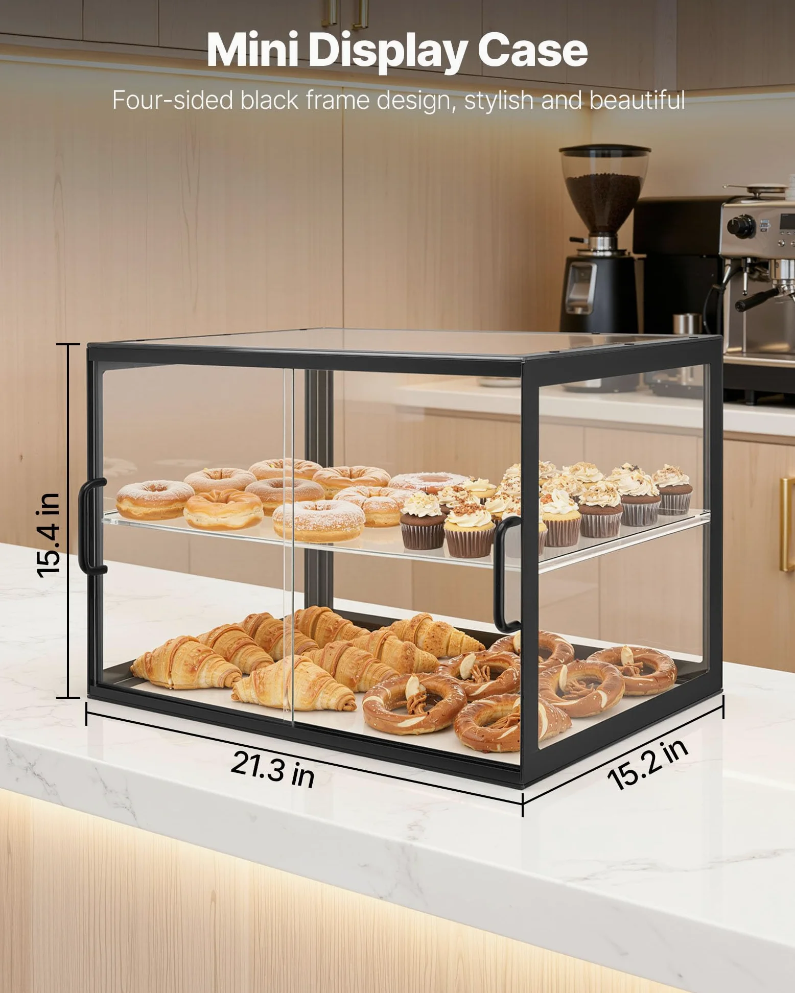 VEVOR Vitrina de Exhibición de Panadería 2 Niveles, Vitrina de Acrílica Transparente para Panadería 55 x 38,5 x 39 cm, con Puerta Corrediza, Escaparate para Repostería, para Galletas, Postres, Donas