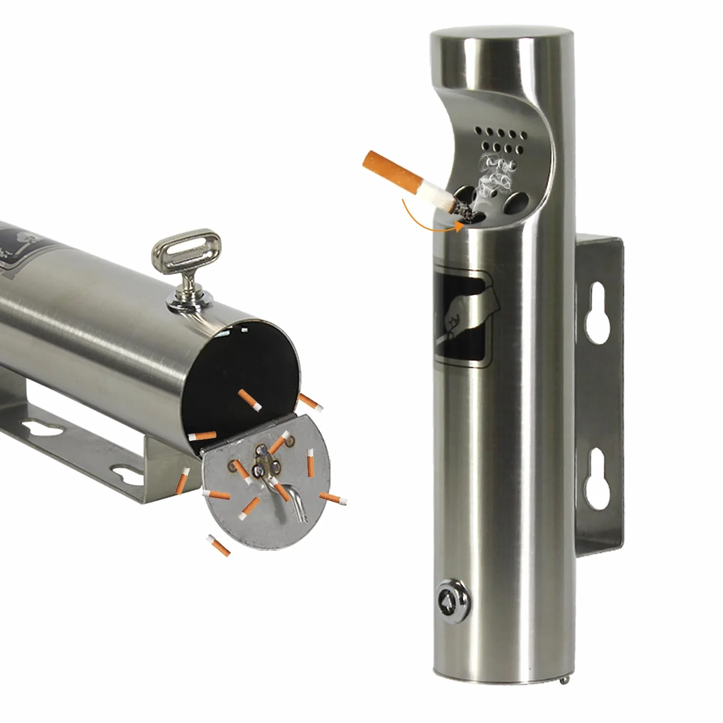 Cenicero de pared con cerradura,Columna de cenicero de pared de acero inoxidable 304,Cenicero exterior de acero inoxidable con tornillo y llave,para centros comerciales, pasillos de