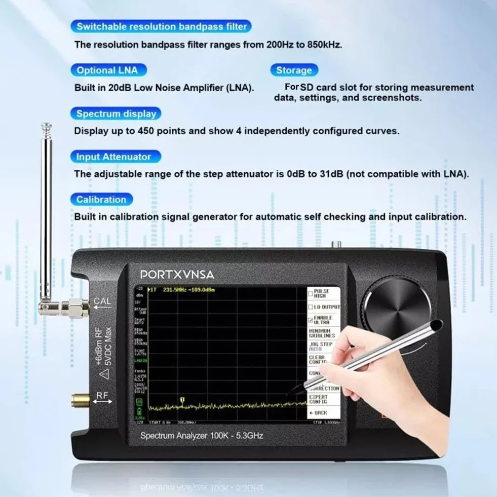 SA5 Handheld para analizador de espectro 100kHz-5.3GHz con calibración de modo estupendo hasta 5.3GHz Pantalla LCD IPS de 4 pulgadas para ingenieros de RF (sin tarjeta de memoria)