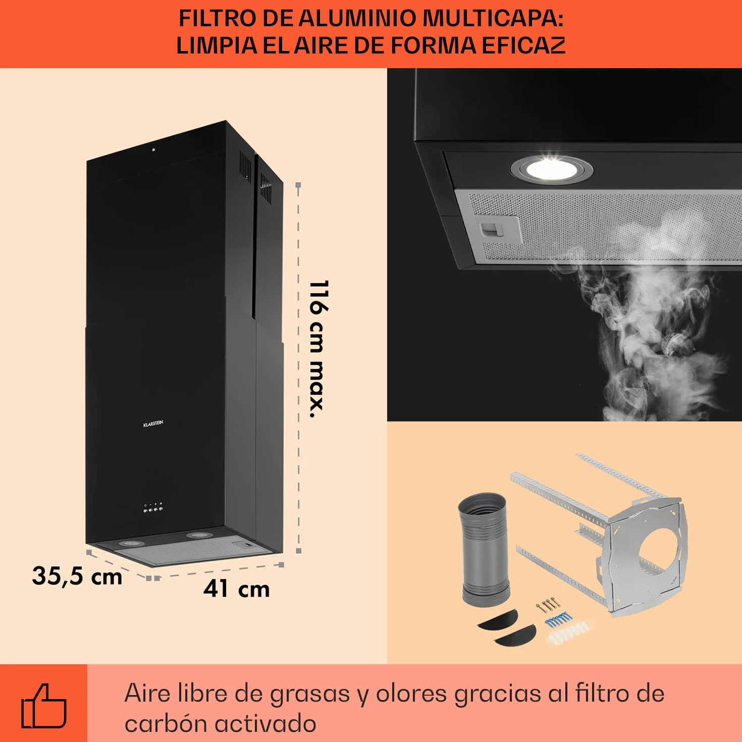 Klarstein Campana Isla Cocina Extractor 641m³/h Temporizador 3 Modos Filtros Carbón Activo