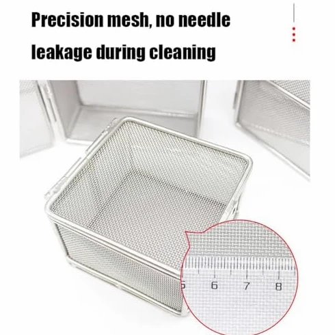 Cesta de esterilización con tapa, malla de acero inoxidable para limpieza y autoclave, diseño de grado hospitalario