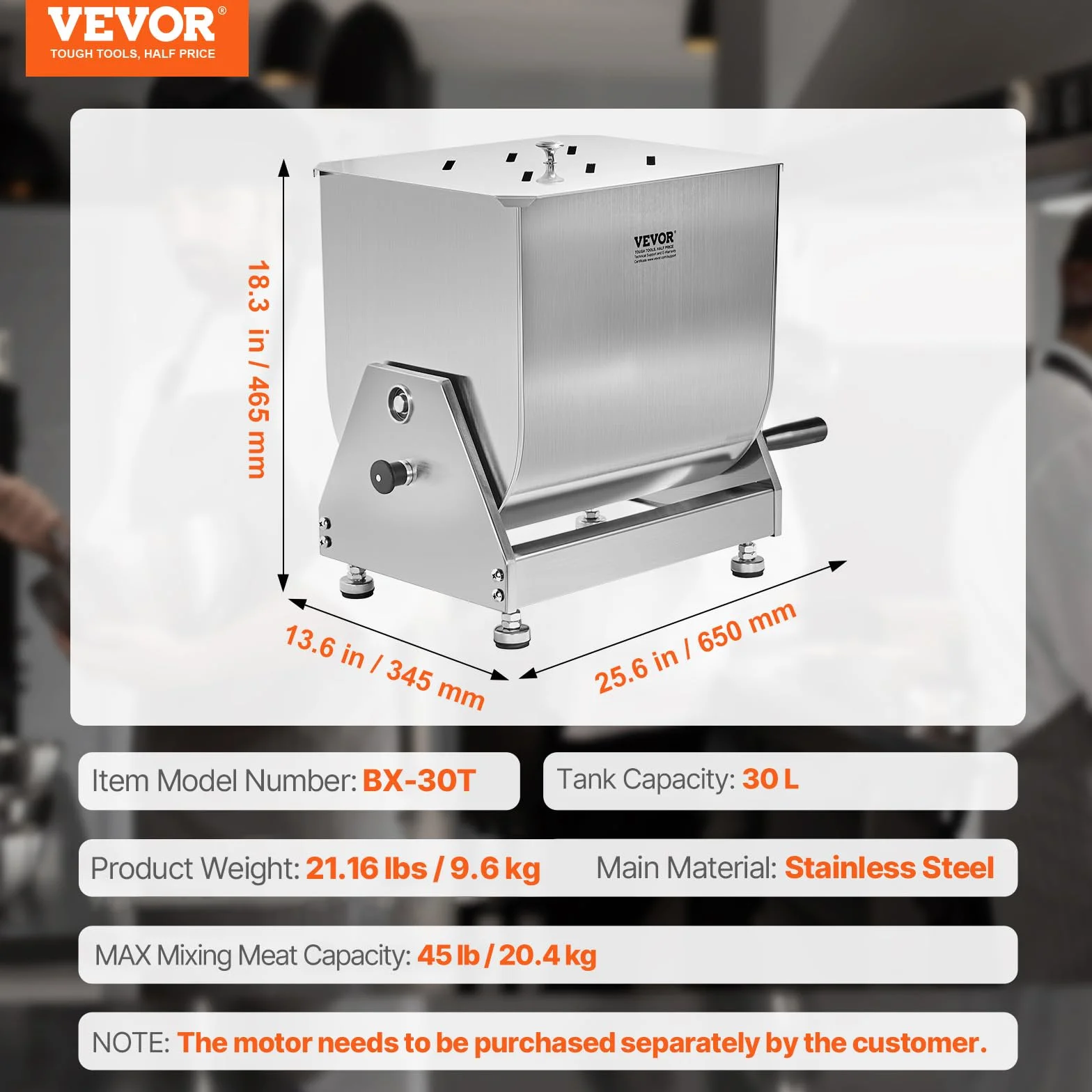 VEVOR Mezcladora de Carne Manual Tanque Basculante Equipo de Procesamiento de Carne Mezcla Máxima de 20,4 kg Mezcladora de Salchichas de Acero Inoxidable con Tapa, Manija, Reductor de Engranajes