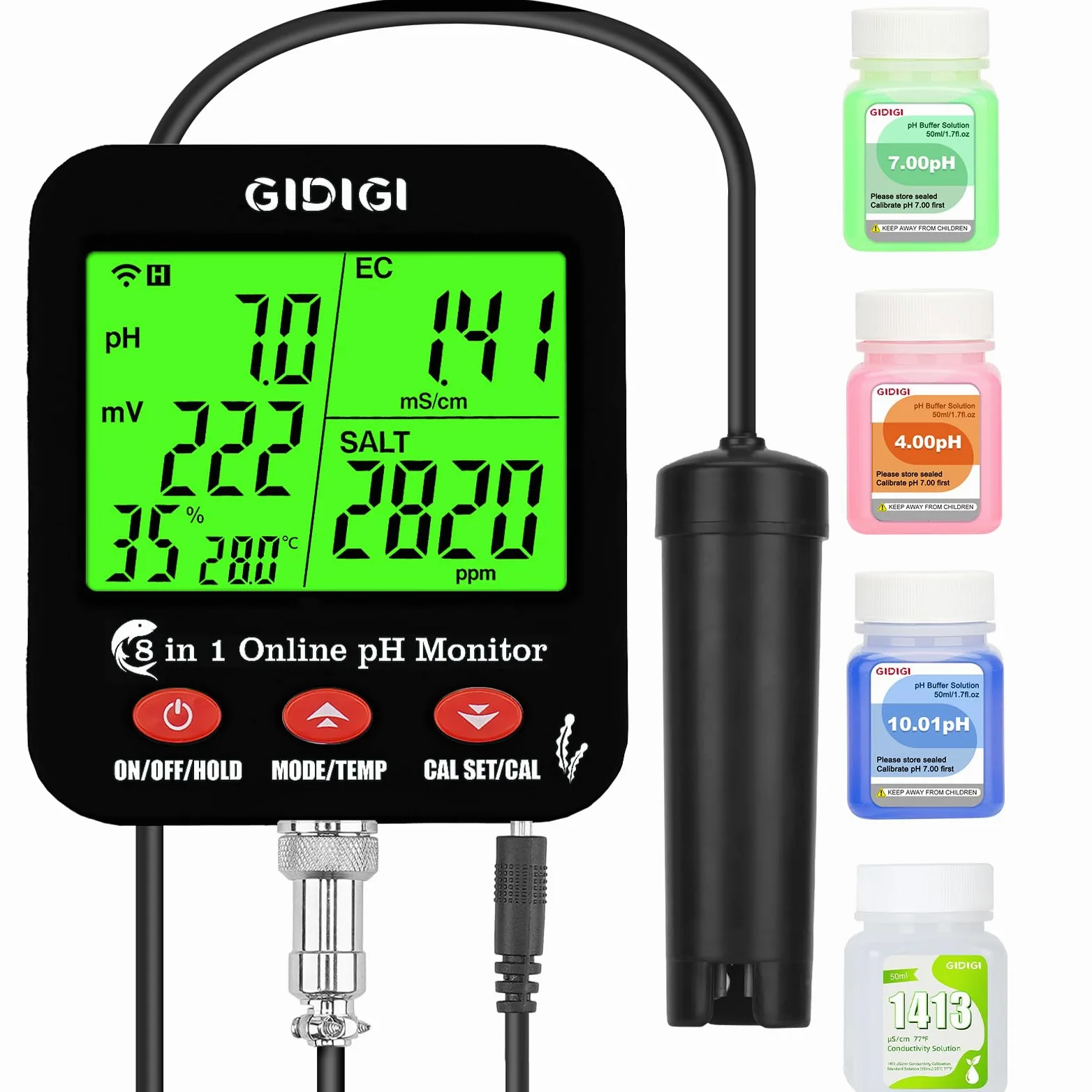 Medidor pH Acuario inteligente, Continuo pH Hidroponia Monitor | Pantalla Grande Puede Mostrar Múltiples Parámetros Simultáneamente,8 en 1 pH EC PPM ORP Sal y Humedad para Acuario,Hidroponia