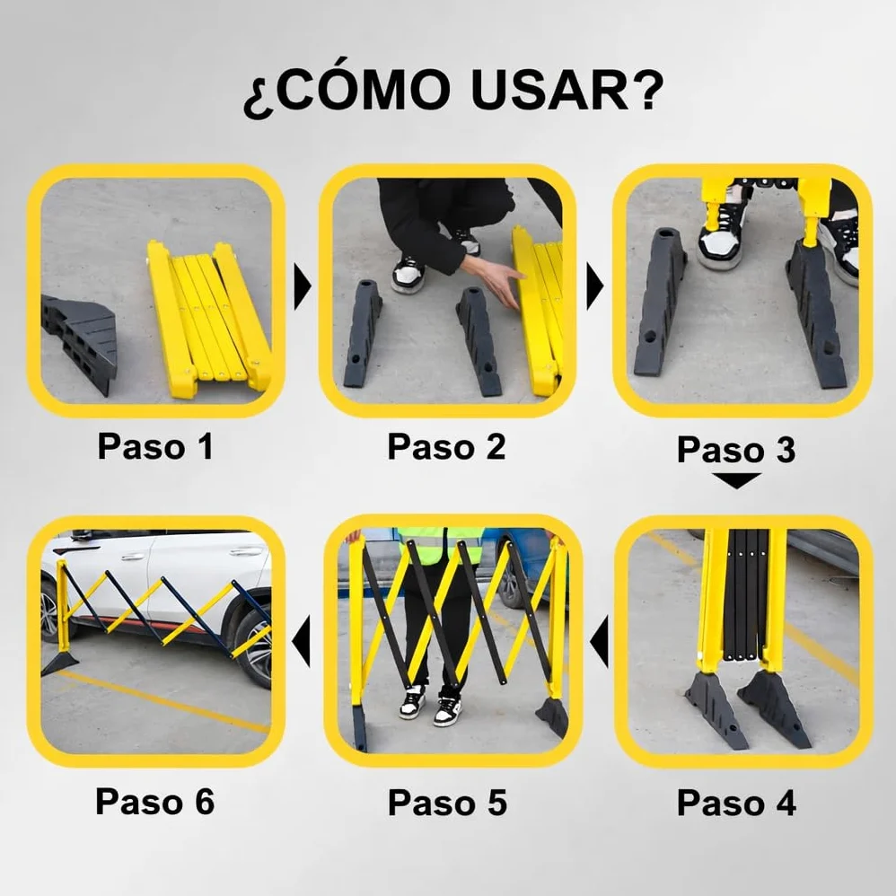 Barricadas extensibles de 260 cm, color amarillo y negro, con puerta larga de metal, retráctil, para tránsito y tráfico retráctil (2 unidades)