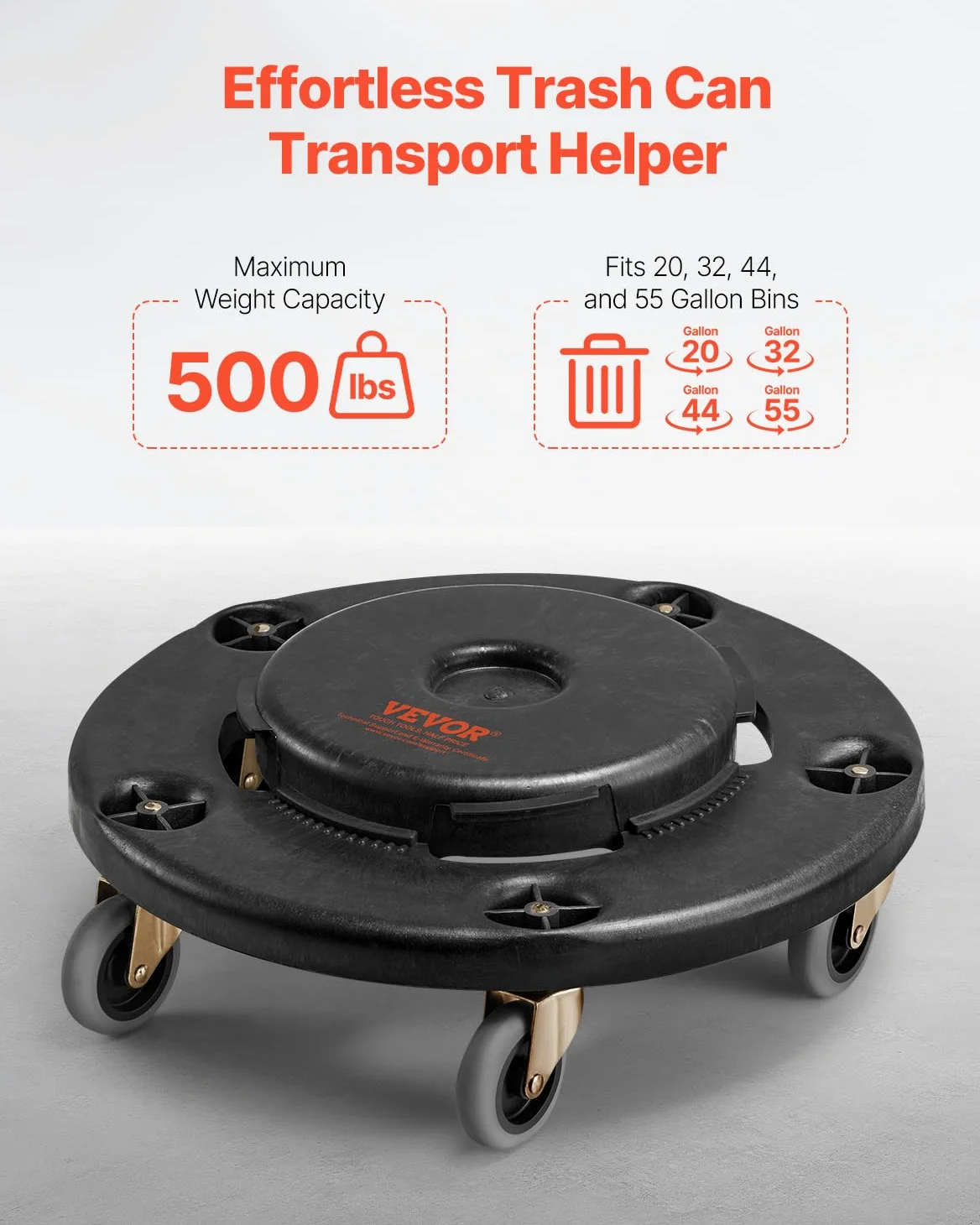 VEVOR 2 PCS Carrito de Bote de Basura, Base Redonda con Ruedas para Basura con 4 Ruedas Bloqueables, Capacidad de Peso de 227 kg, Carro para Barril Resistente, Carrito Rodante Multiuso, Negro