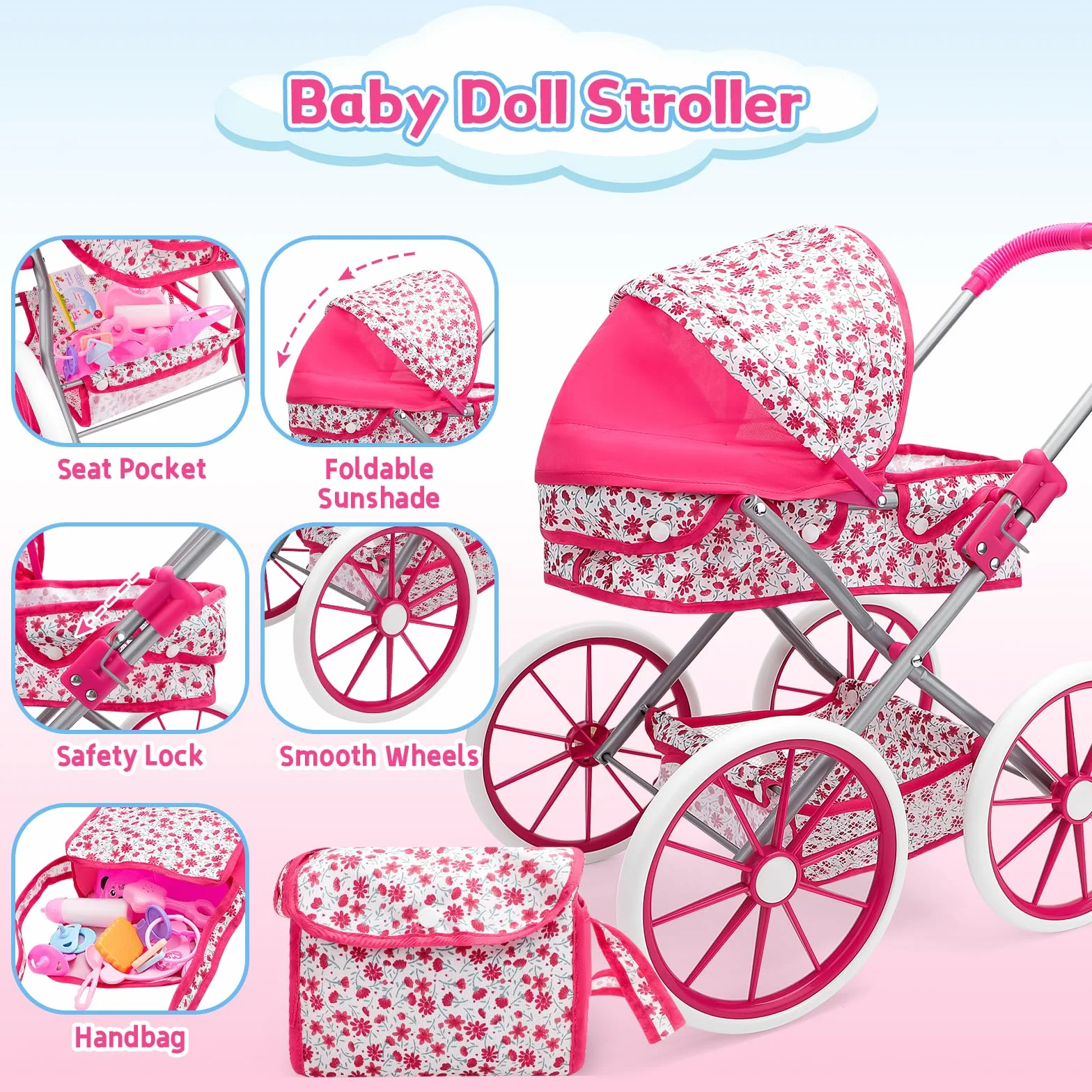 deAO Carrito Bebe Juguetes 31cm Muñecos Bolso Accesorios Ropa Muñecas