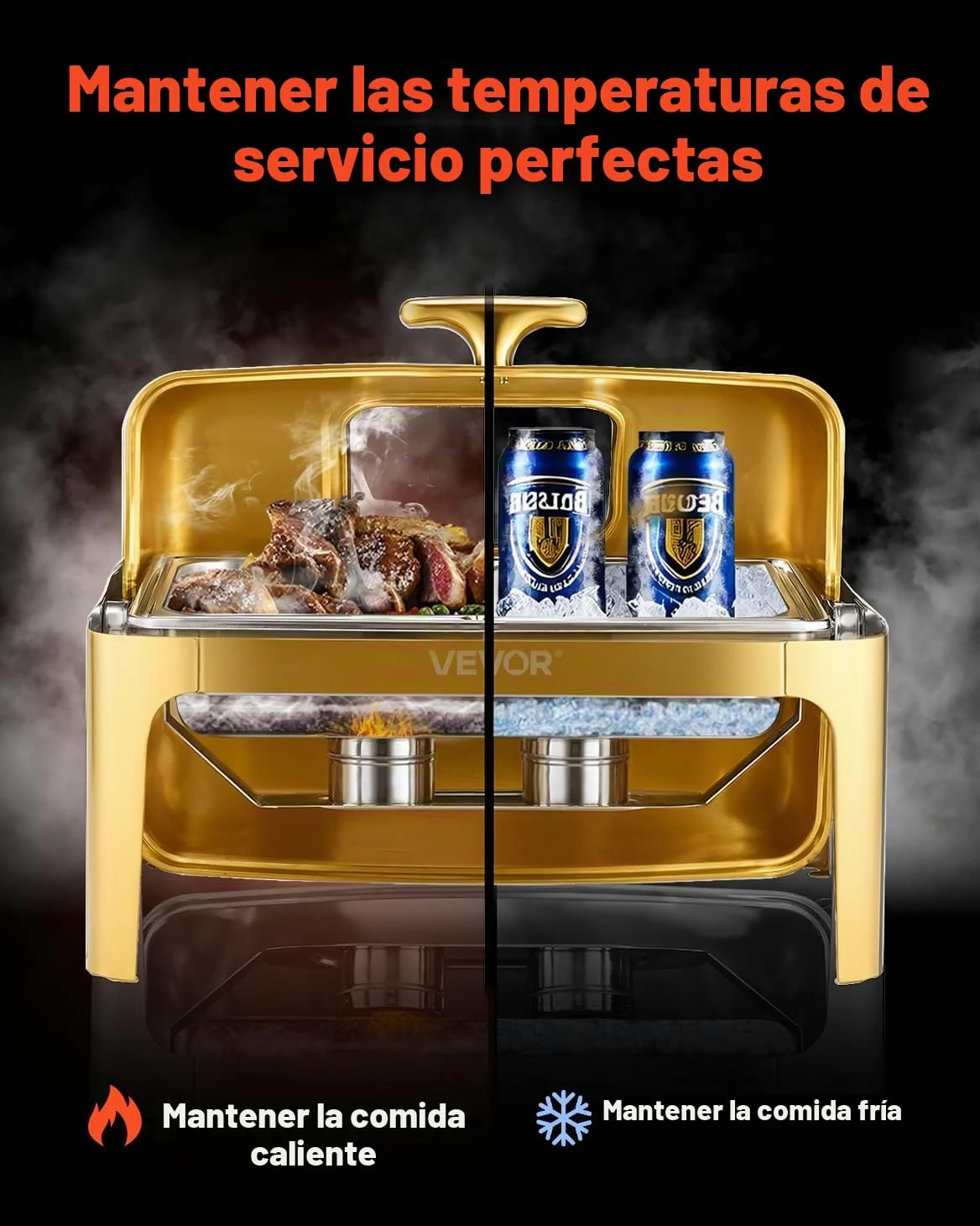 VEVOR Juego de Calentador de Alimentos Acero Inoxidable con Sartenes Tamaño Completo(8,5 L), Rectangular, con Tapa Visible y Soporte para Bandeja de Agua y Depósito de Combustible, Dorado, 1 ud