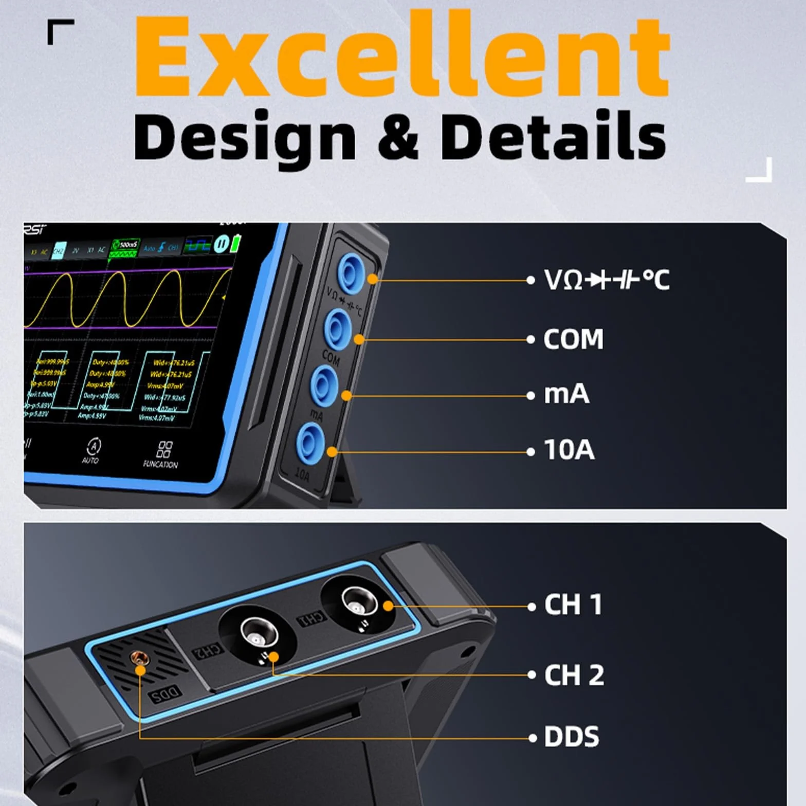 Jadeshay Osciloscopio Digital 2C53P 3 en 1 Osciloscopio Portátil de Tableta con Multímetro y Generador de Señales Doble Canal 50MHz 250MSa/s Pantalla Táctil IPS 4,3 Pulgadas