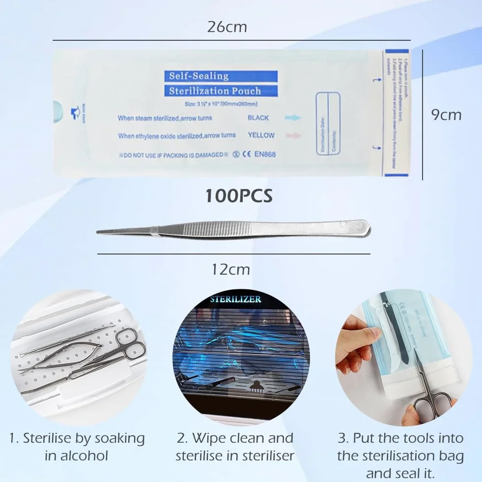 Bolsas Autoadhesivas para Esterilización 90x260mm 100pcs Autoclave Desechables PVC