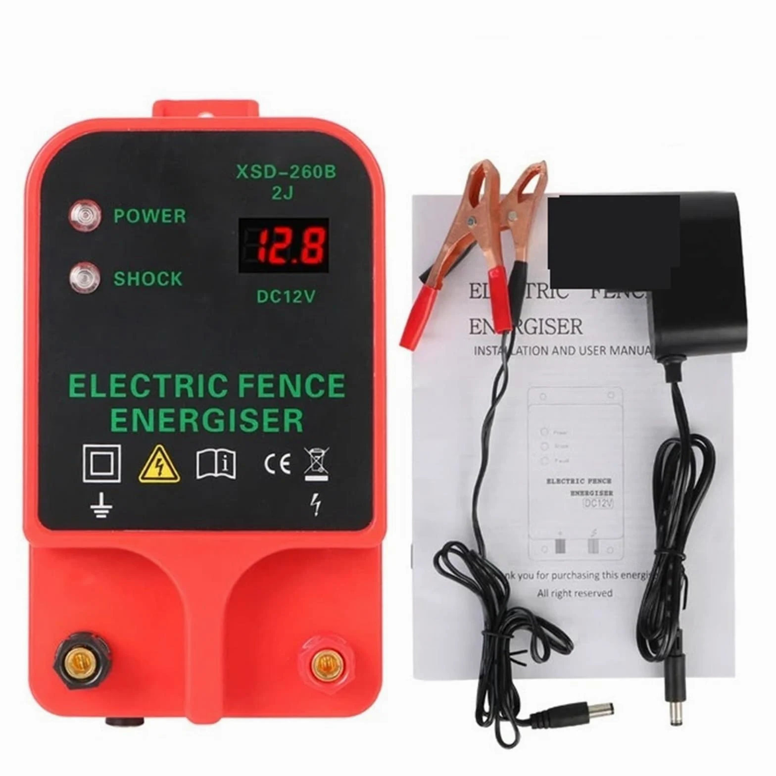 Pastor Electrico, Controlador solar for cercas de ganado Energizador de cercas eléctricas LCD Pantalla de voltaje LCD Alarma de alto decibel 10 km Resistente al agua(Rot)
