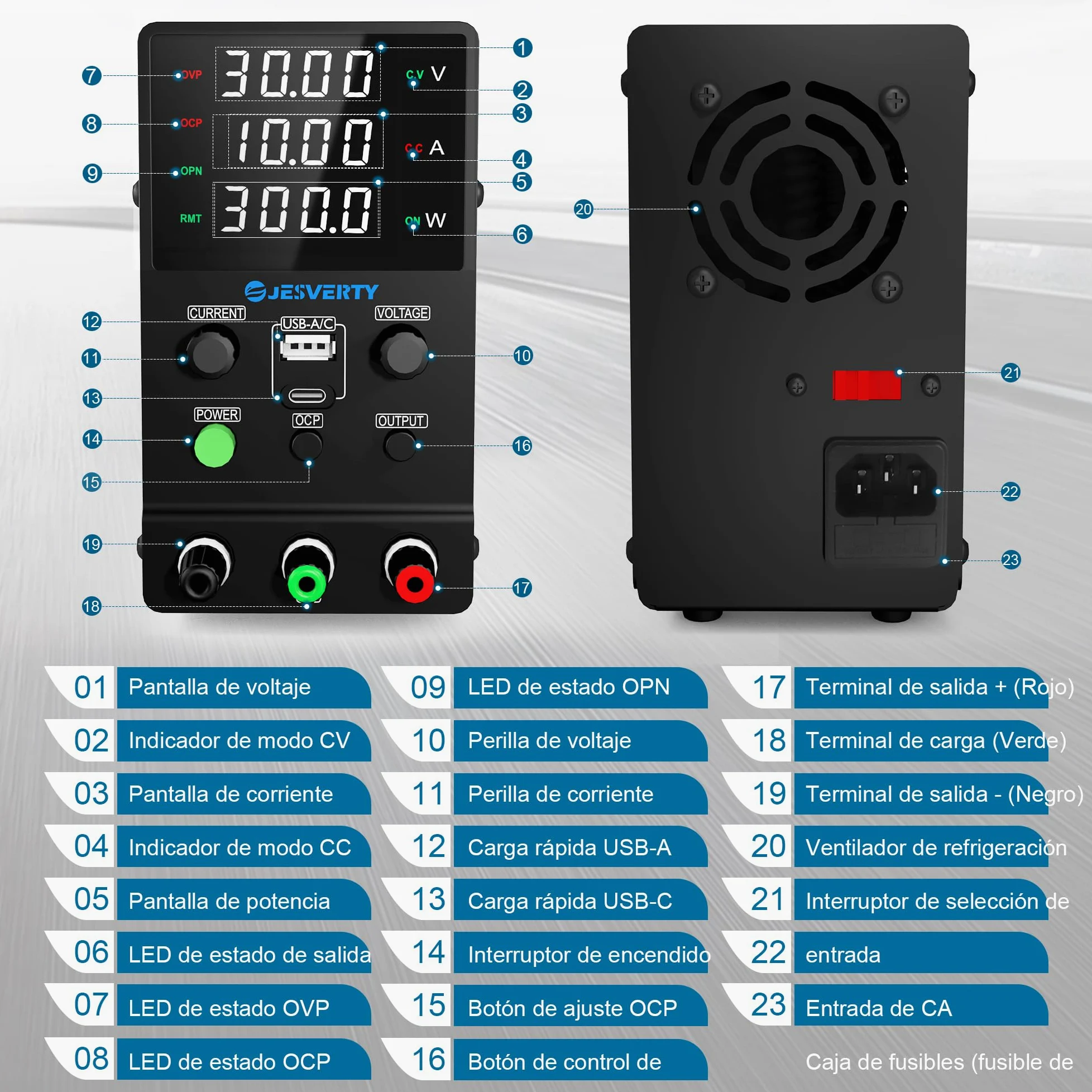 Fuente de alimentación CC Variable, 0-30V 0-10A Fuente de alimentación de Banco regulada CC con Carga rápida USB y Tipo C, Perilla codificadora,Interruptor de Encendido/Apagado de Salida Jesverty
