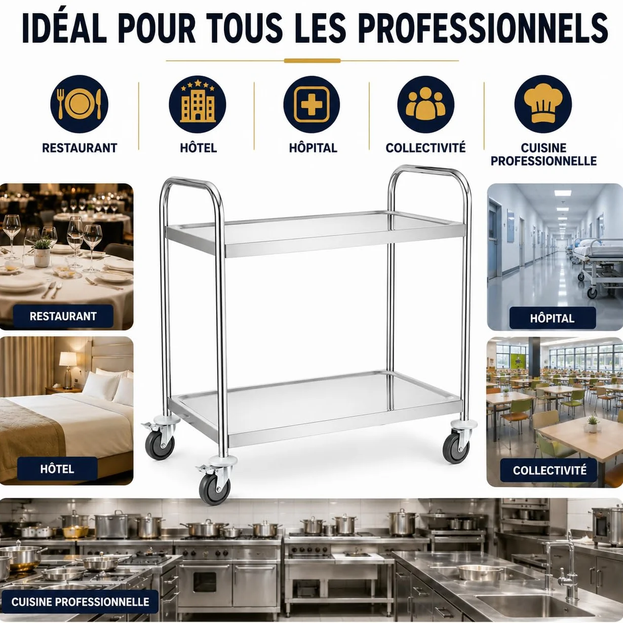 Carro de servicio de acero inoxidable de 2 niveles - 84,5 x 52,5 x 94 cm - Ruedas giratorias con frenos - Cocina Pro, Restaurante, Comunidad