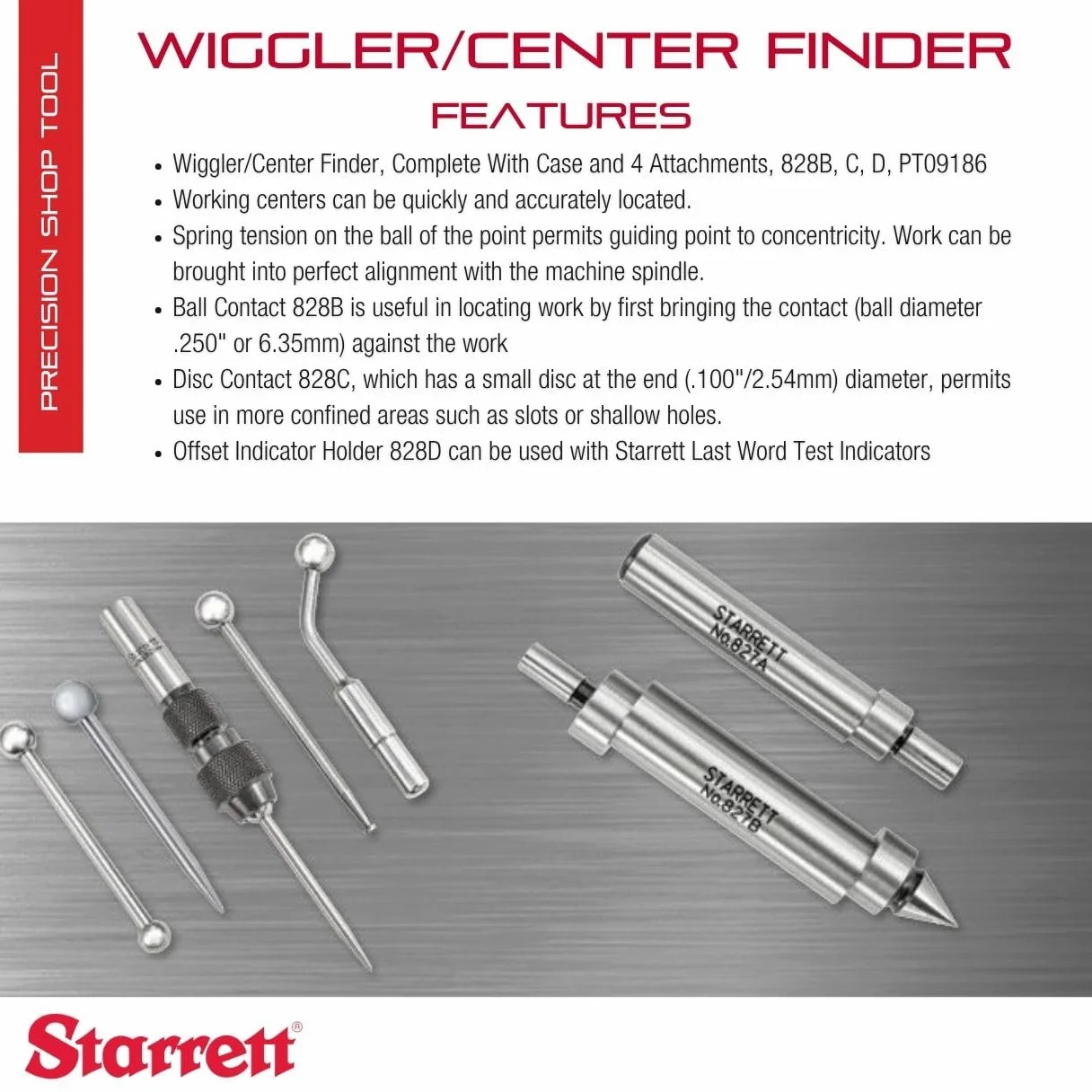 Starrett S828Hz Wiggler y centro Finder completo con funda y 4 accesorios
