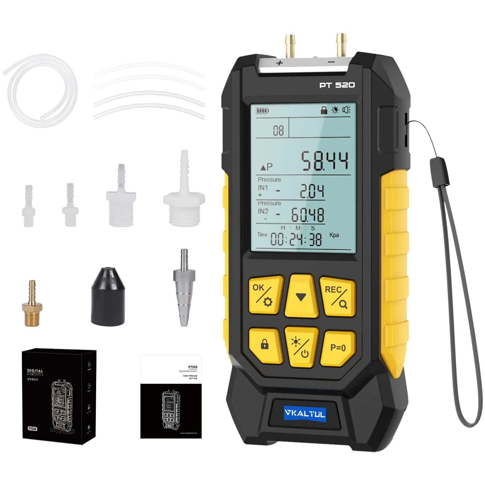 Manómetro de presión digital,Manómetro de presión de aire comprimido con valor de alta precisión, 10 lecturas, 29 almacenamiento de datos,Múltiples adaptadores de medición, -100~200Kpa
