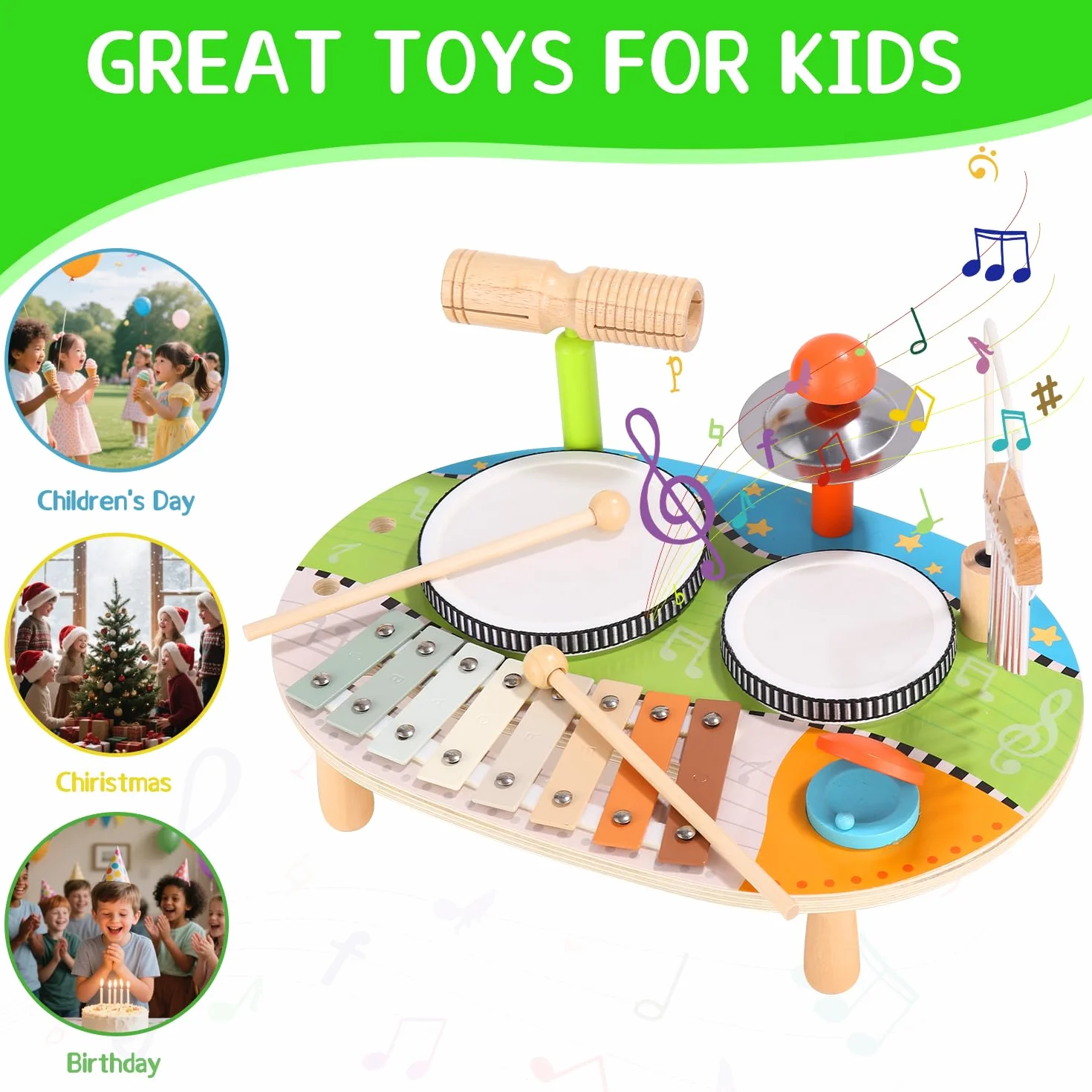 Juguetes de Madera Xilófono Tambor Instrumentos Musicales Infantiles para Bebés 2 3 4 Años