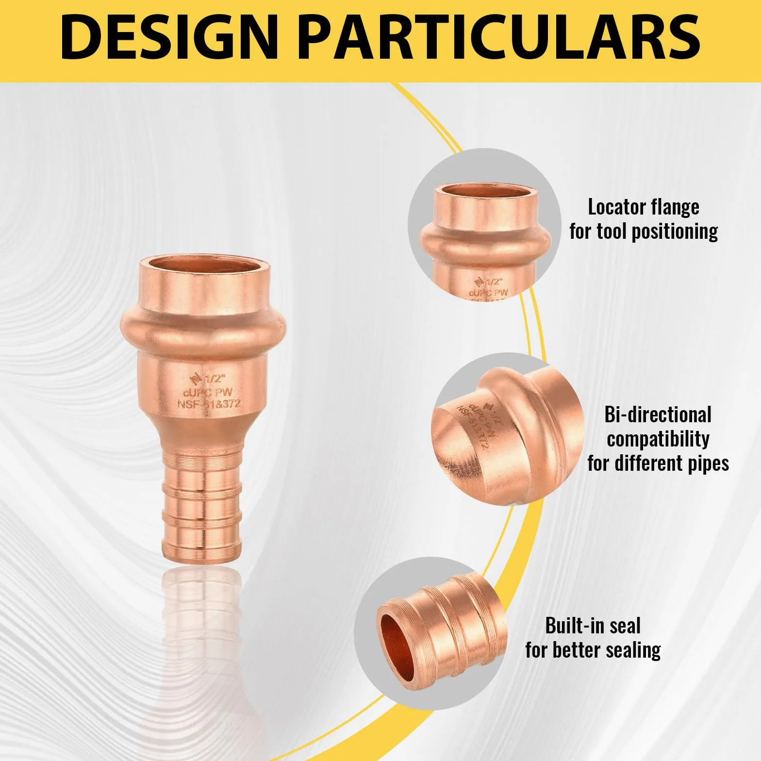 Paquete de 10 Conectores Foskan de 1/2" PEX con engaste x 1/2" de Cobre a presión, Accesorio de tubería de conexión a presión, diseño LBP para tubería de Cobre.