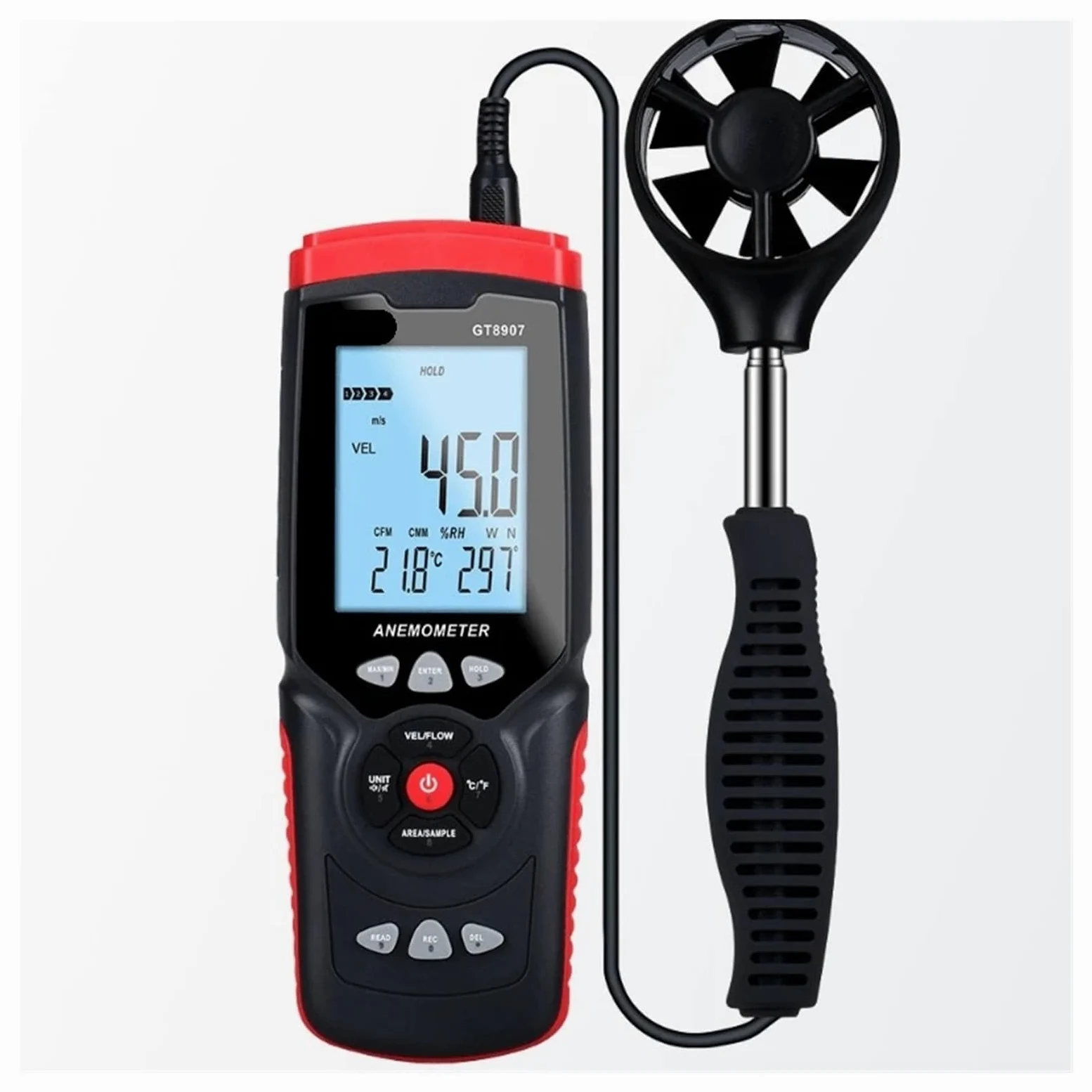 Anemómetro digital GT8907 Medidor de velocidad del viento for actual Temperatura Humedad Volumen aire Flujo Dirección Ángulo Datos