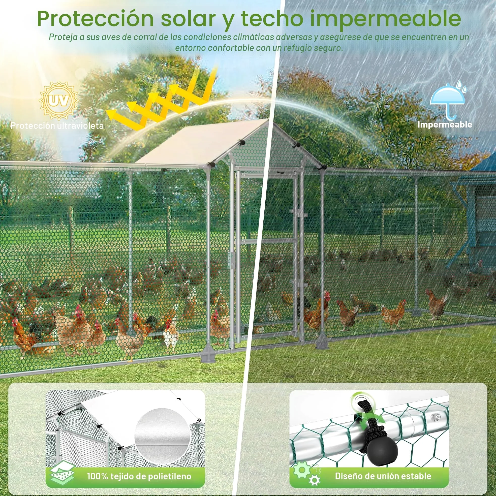 UISEBRT Gallinero para gallineros, 4 x 1 x 1,5 m, estructura de acero galvanizado, con cerradura para gallinas, animales pequeños