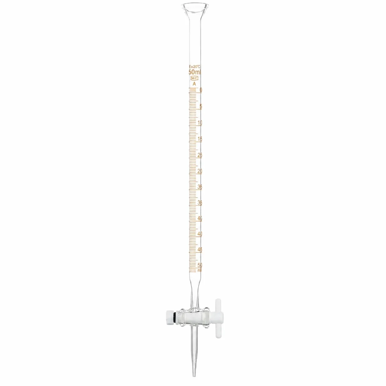Bureta Acampanada Vidrio Borosilicato Llave Tapón PTFE-50mL/0.1 | Llave Tapón PTFE Autolubricante Ofrece Control Flujo sin Grasa y Antifugas