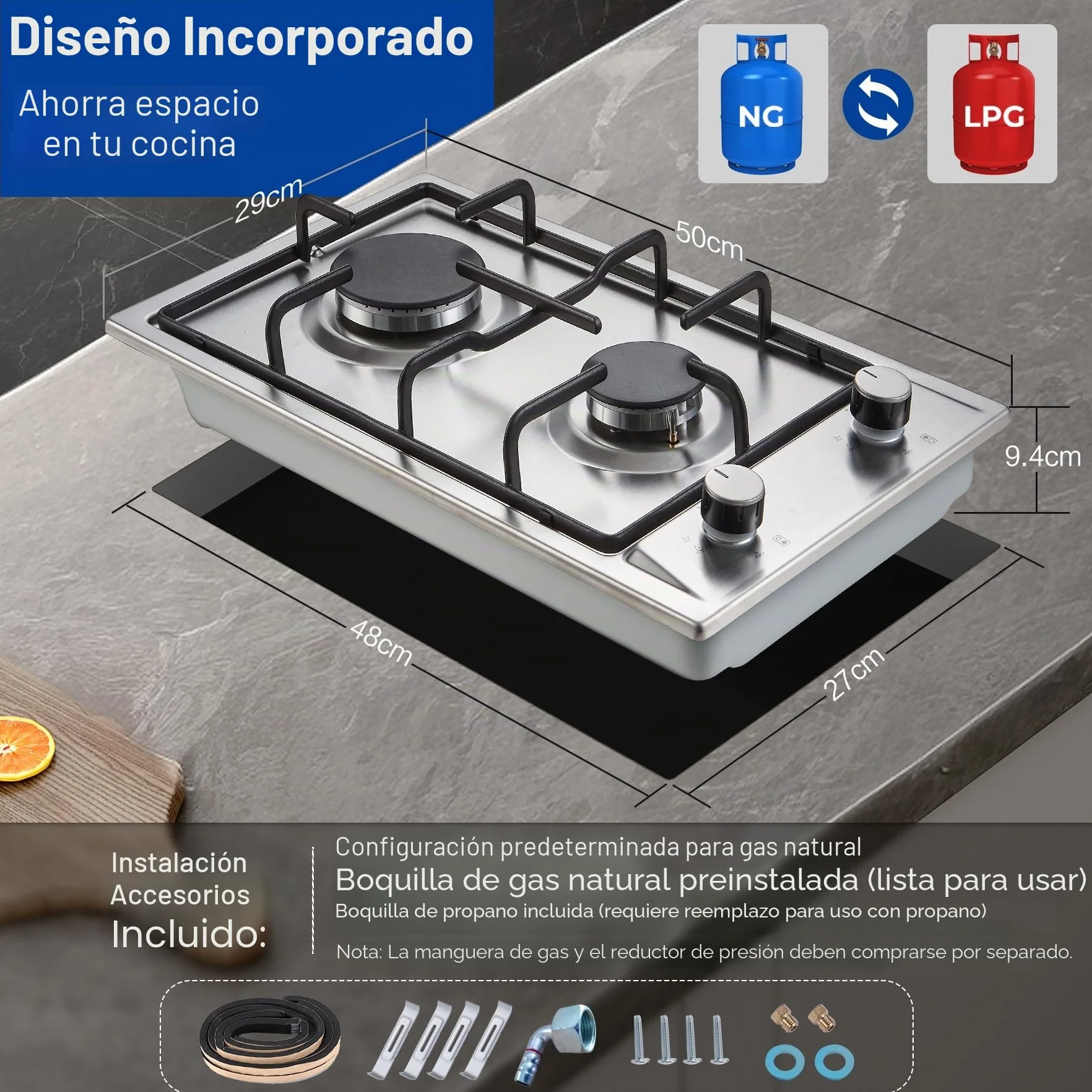 TopStrong Placa de Gas 2 Fuegos 30cm Encimera Gas Butano Acero Inoxidable 4200W