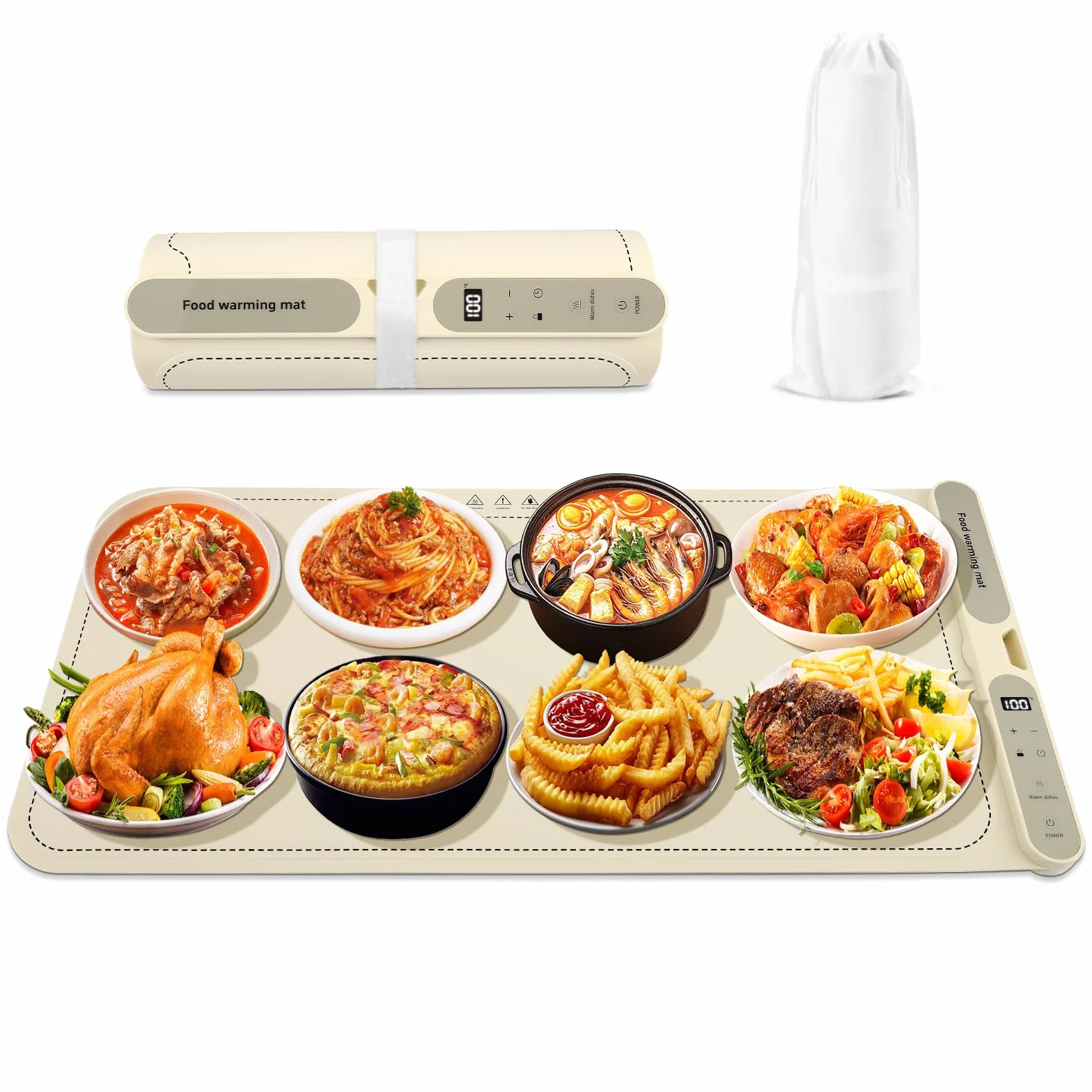 Calentador de Alimentos Eléctrico - Control de Temperatura de 9 Niveles de 40-120 °C - Placa Caliente Flexible y Plegable con Temporizador - Para Bufés, Parrillas, Biberones - Fácil de Limpiar