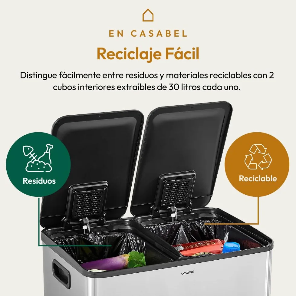 CASABEL Cubo de basura de cocina doble 2x30L en acero inoxidable, cromado | Doble compartimento, Reciclaje selectivo, 2 pedales, Antihuellas, Tapas herméticas, Cubos extraíbles, Fácil mantenimiento